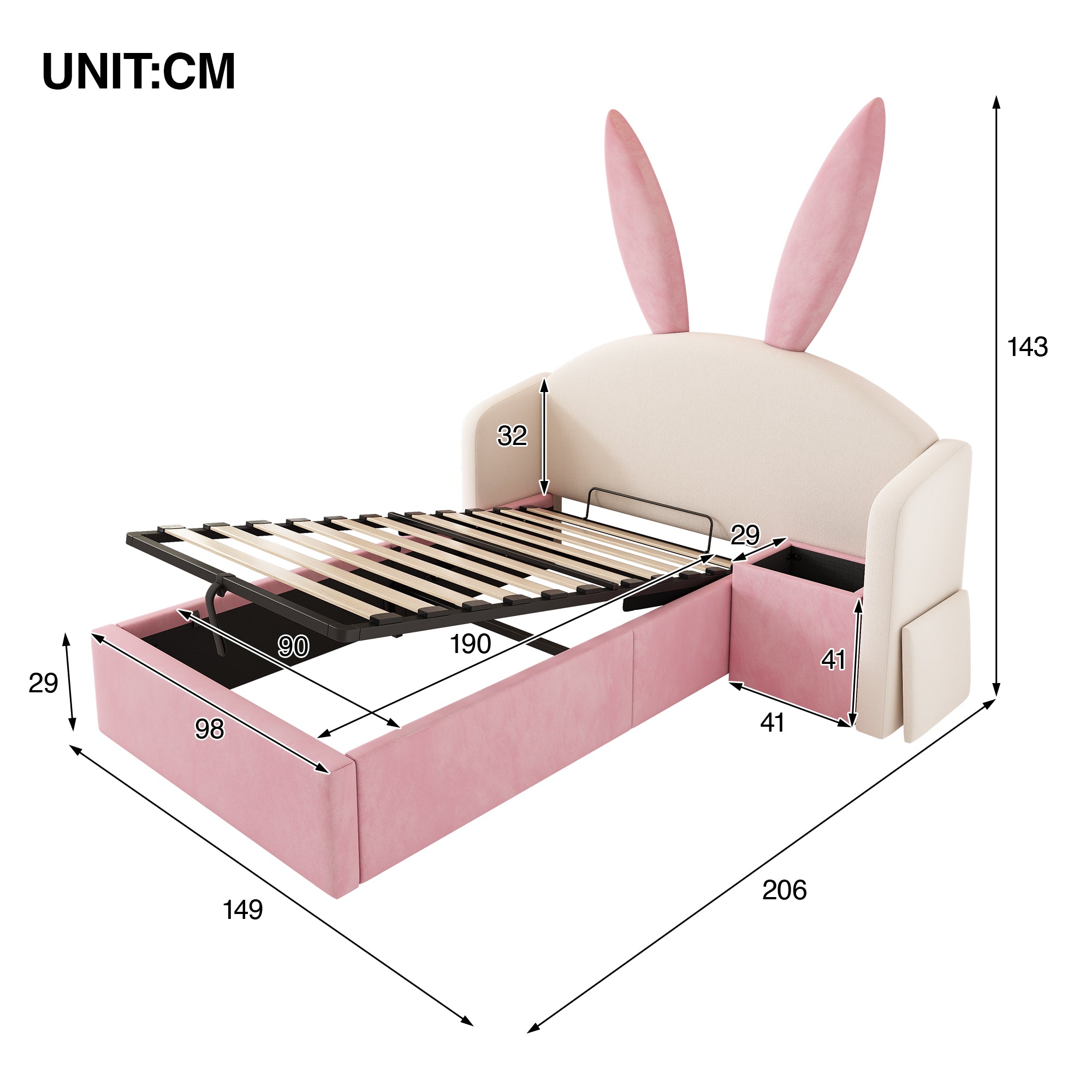 Bunny Ears Kids Bed, Single Upholstered Bed with Hydraulic Storage & Nightstand, Children Bed Frame for Girls Bedroom, 90 x 190 cm, Beige & Pink, No Mattress