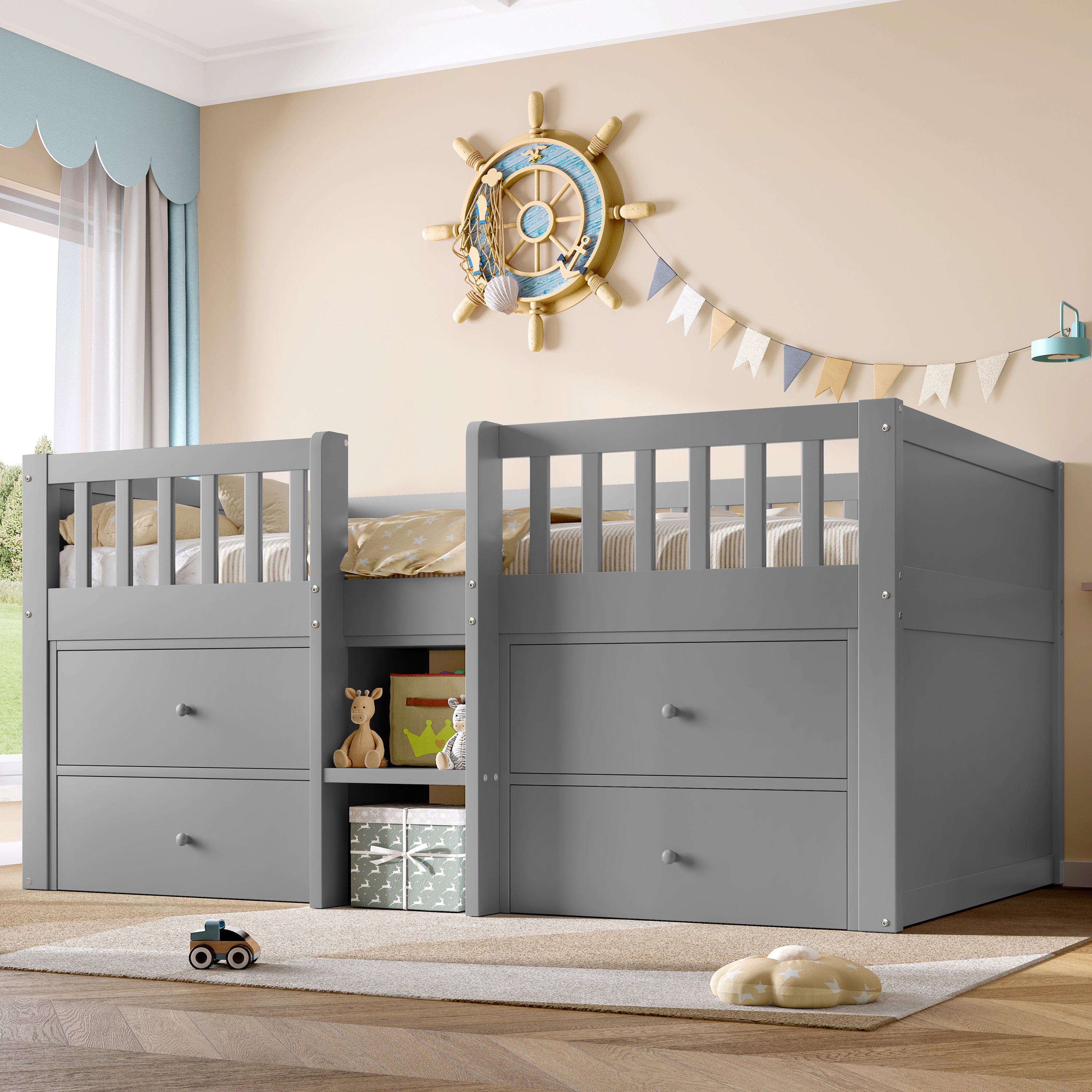 Low Loft Bed with Storage, Solid Wood Bed Frame with Drawer Storage, 3ft Single Bed with Guardrail, No Box Spring Needed, Saving-space Design for Bedroom, Modern Bed for Children, Grey (No Mattress)