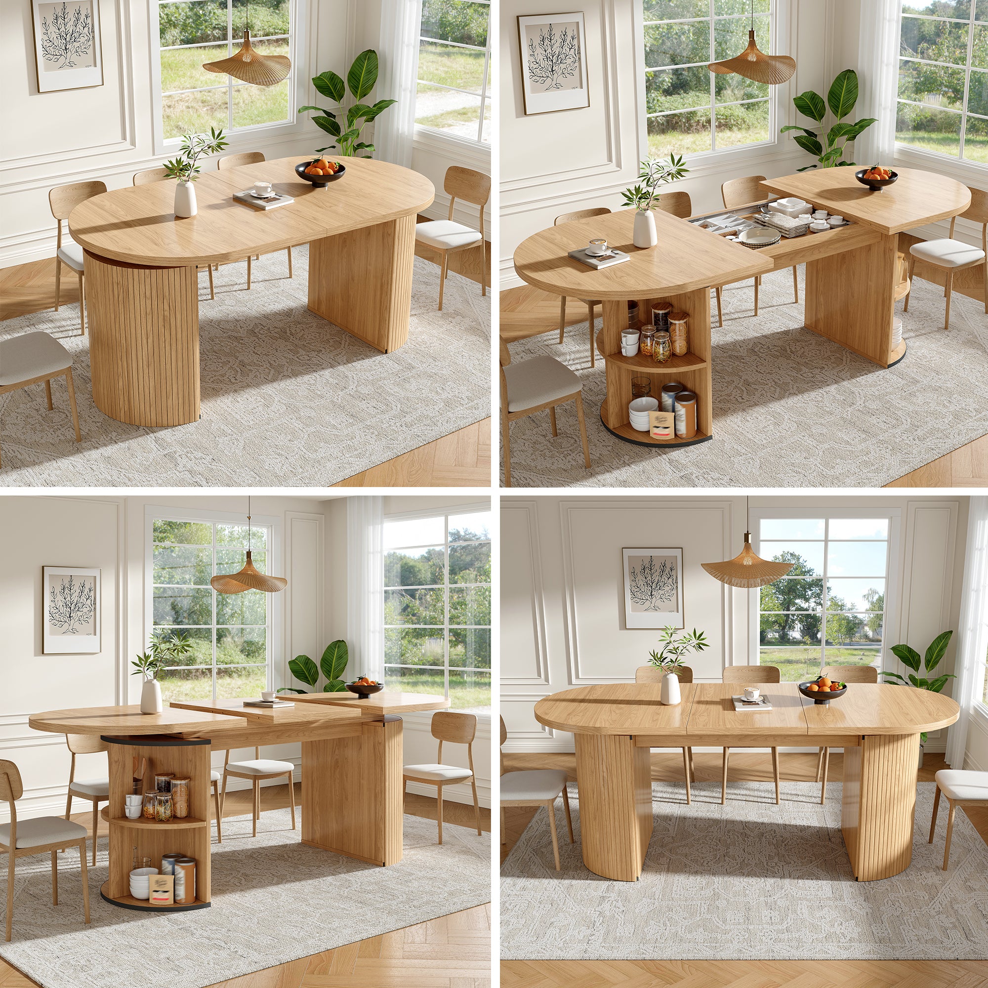 Extendable dining table with hidden storage compartment, thickened tabletop for high stability, flexibly adaptable for small spaces, kitchen, study and living room, natural brown