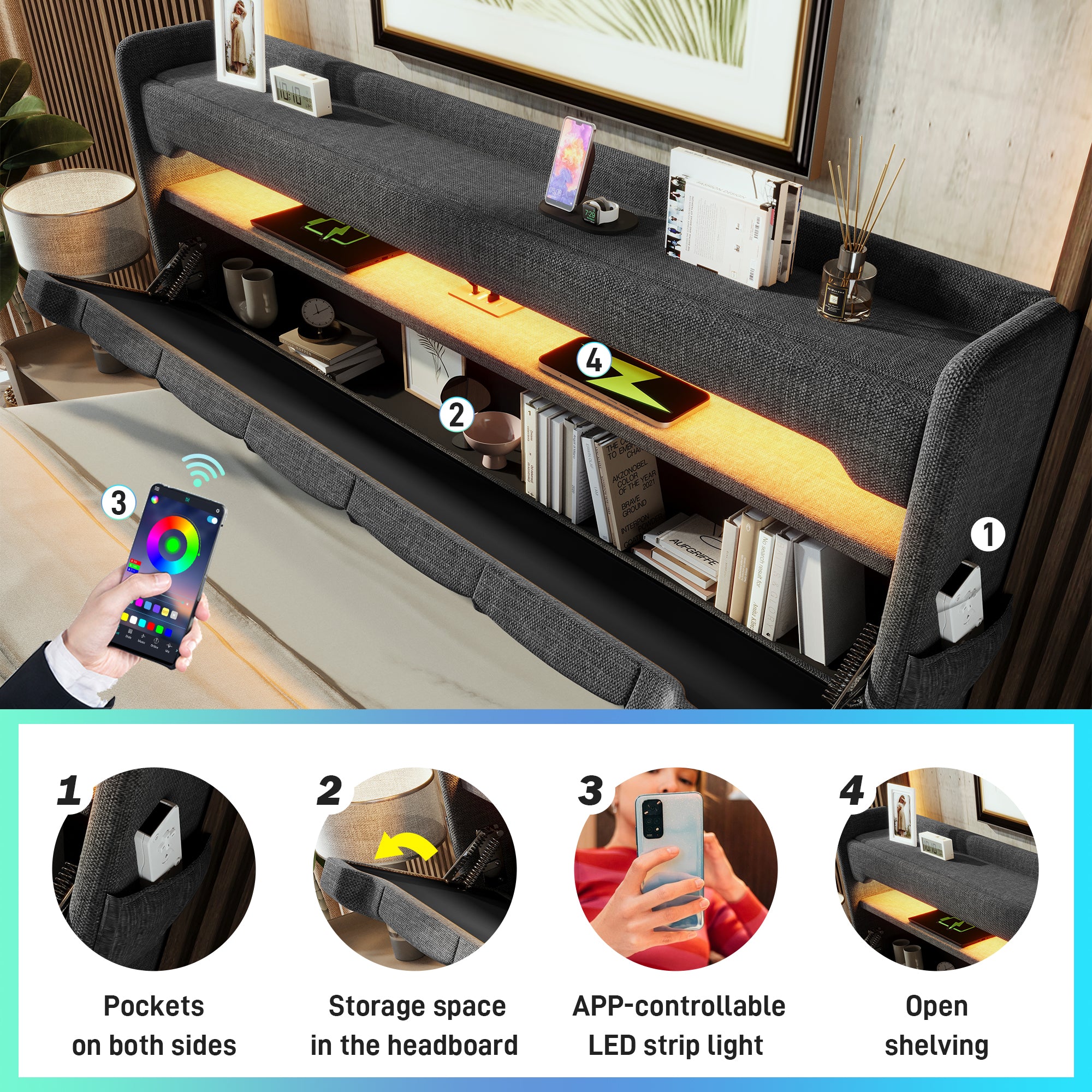 Upholstered Double Bed 135 x 190 cm with LED Lighting, USB Type-C Charging, Storage Headboard for Cellphones and Tablets, 4ft6 Hydraulic Storage Bed with Metal Slatted Frame, Linen, Grey (No Mattress)