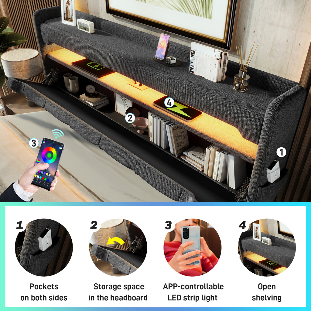 Upholstered Bed 180 x 200 cm with LED Lighting, USB Type-C Charging, Storage Headboard for Cellphones and Tablets, 6ft Hydraulic Storage Bed with Metal Slatted Frame, Linen, Grey (No Mattress)