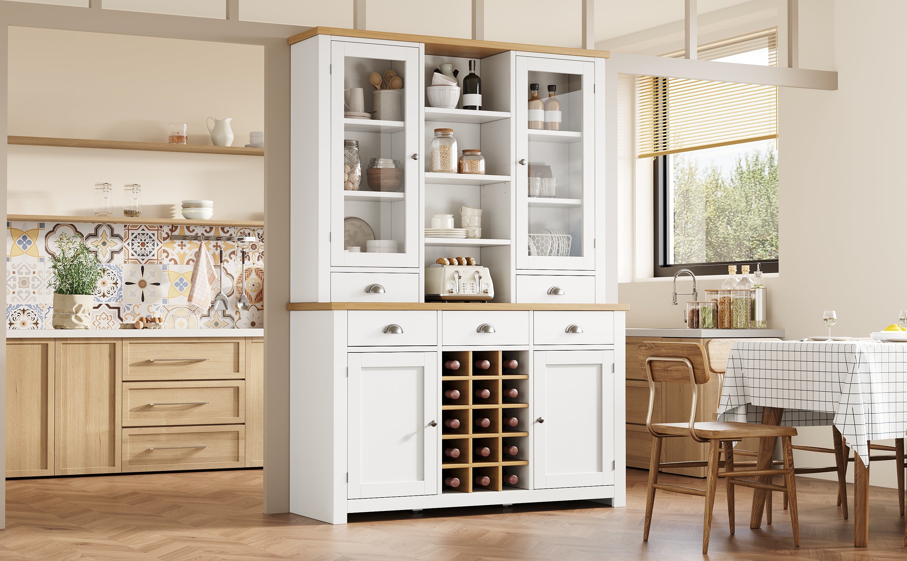 Kitchen Pantry Cabinet with Wine Rack, 185cm Tall Storage Cabinet with Glass Doors, 5 Drawers & Adjustable Shelves, White
