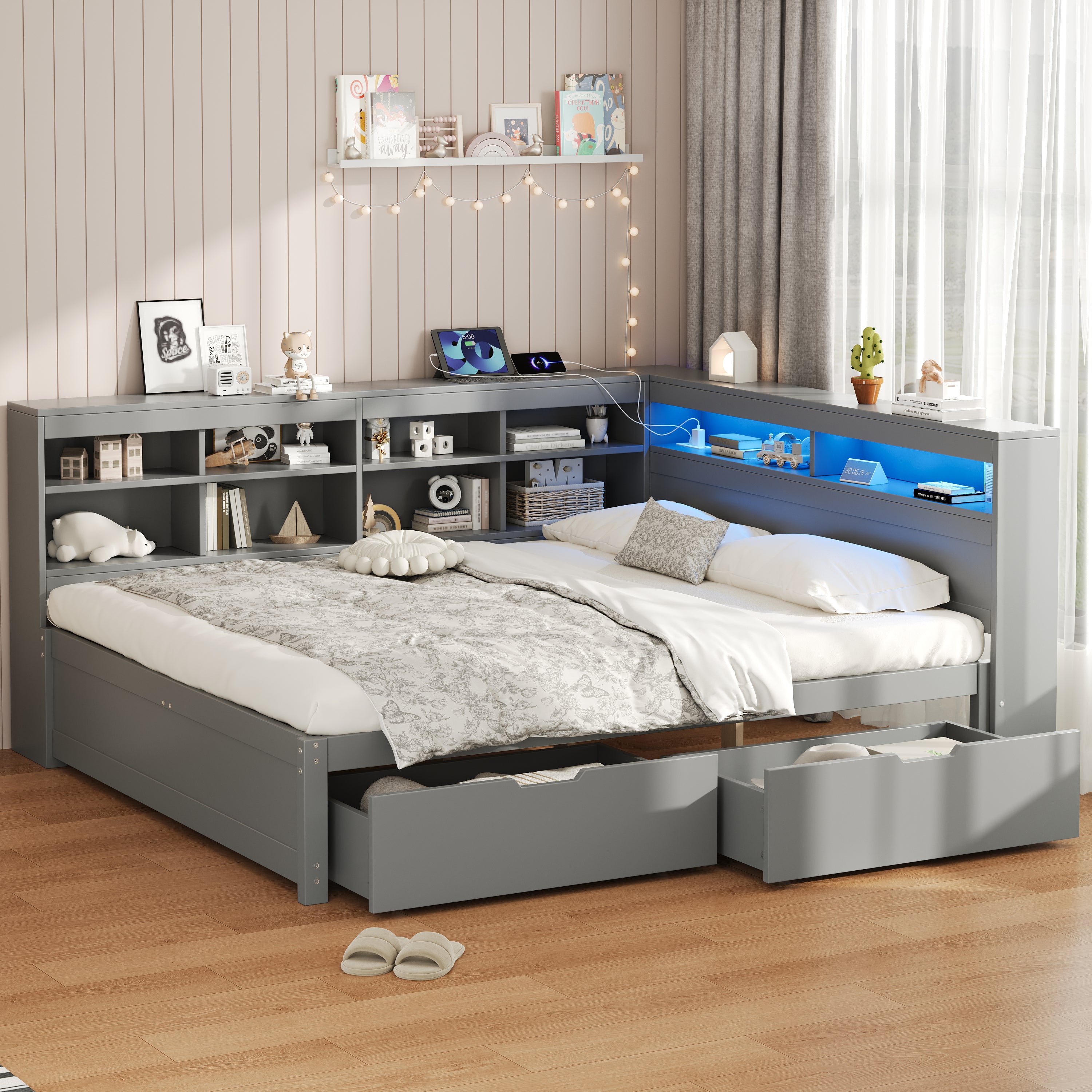 4ft6 Double Daybed with Two Storage Drawers and Beside Storage, LED Modern Bed frame with Charging Station, Wood Bed for Living Room/ Bedroom/ Study Room, 135X190cm, Easy Assembly, Grey (No Mattress)