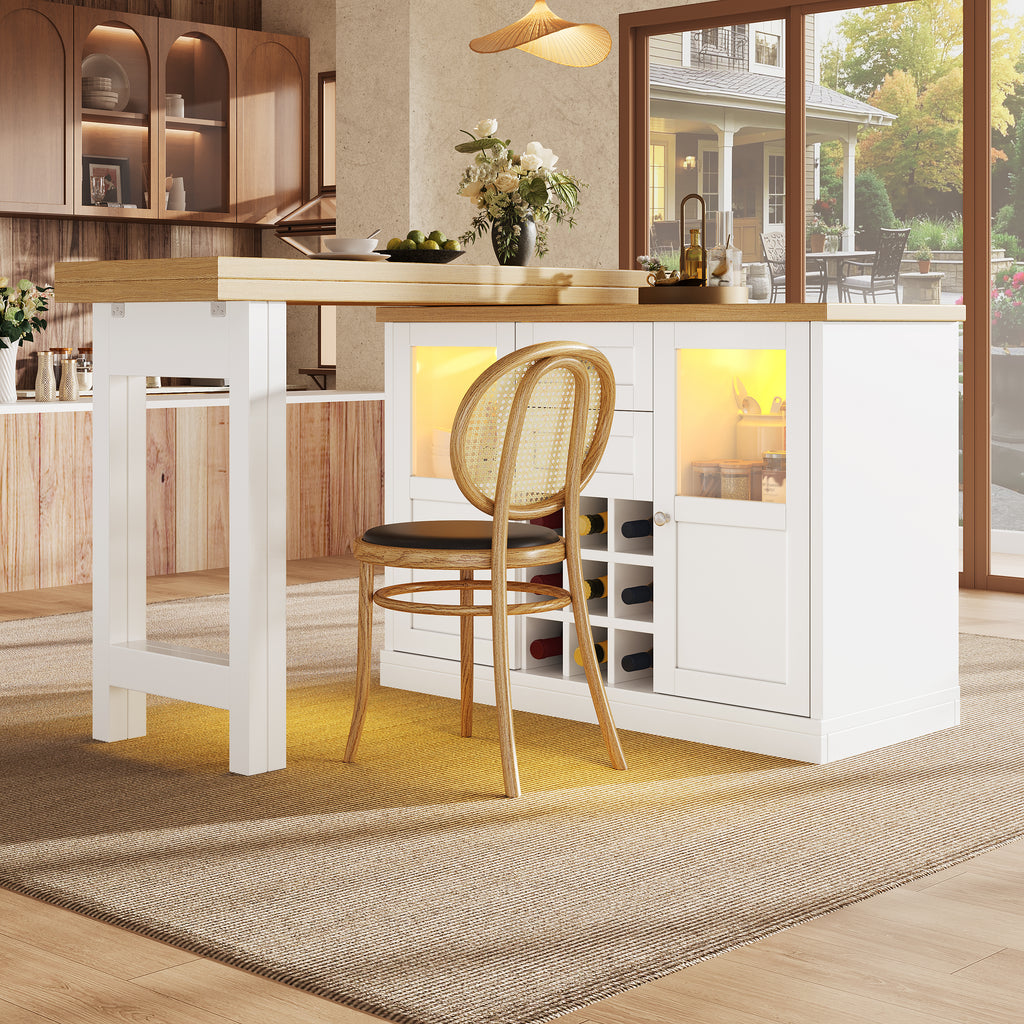 Extendable Sideboard with LED Lights, 120-197cm Adjustable Dining Table with Storage, 2 Drawers & Glass Cabinet doors, White/Black