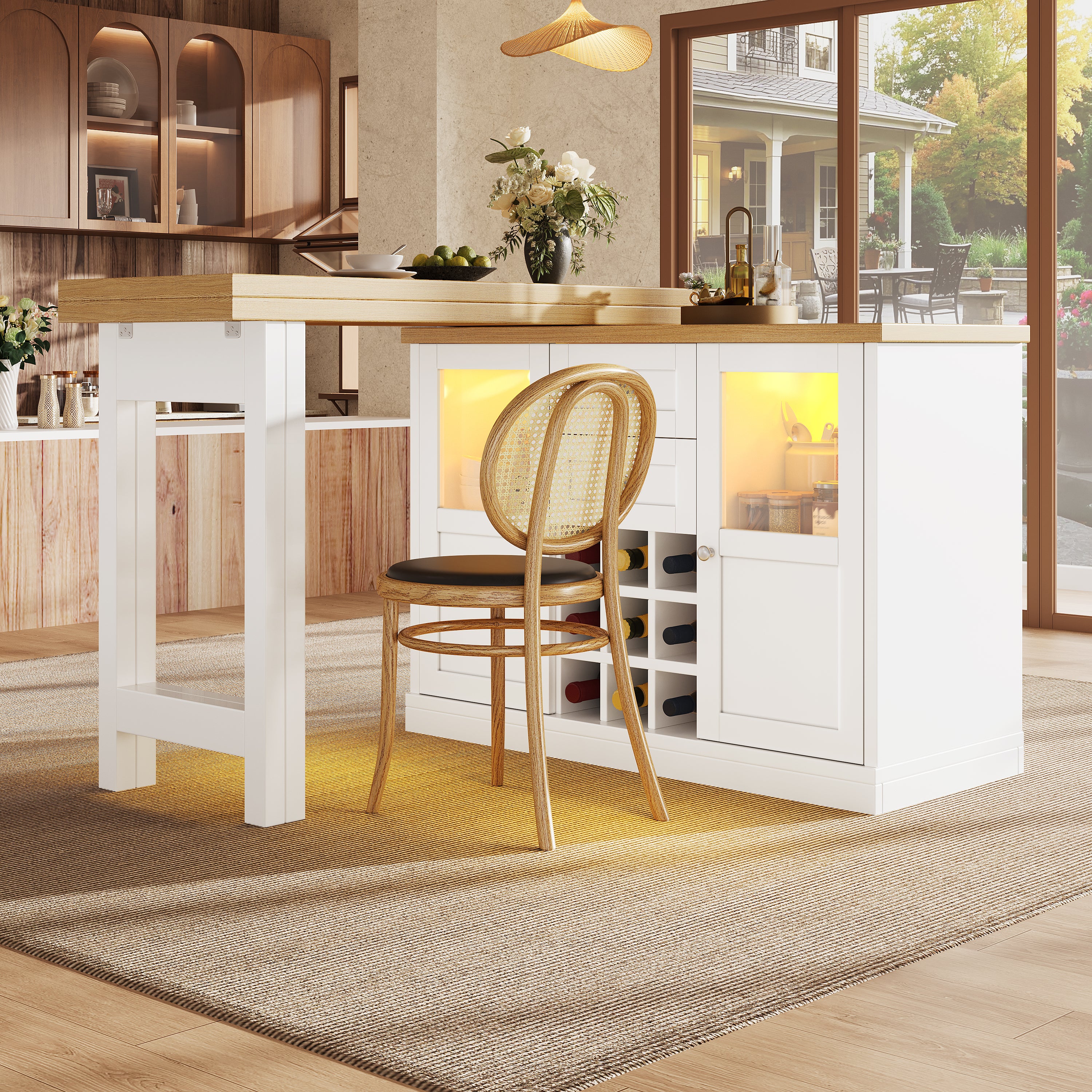 Extendable Sideboard with LED Lights, 120-197cm Adjustable Dining Table with Storage, 2 Drawers & Glass Cabinet doors, White/Black