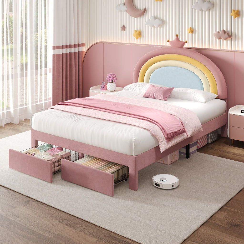 4ft6 Double Upholstered Bed with Adjustable Rainbow Headboard, Soft Velvet Bed Frame with Storage Drawer, Stylish Rainbow Headboard with Crown, No Box Spring Needed, Easy Assembly, Pink (No Mattress)
