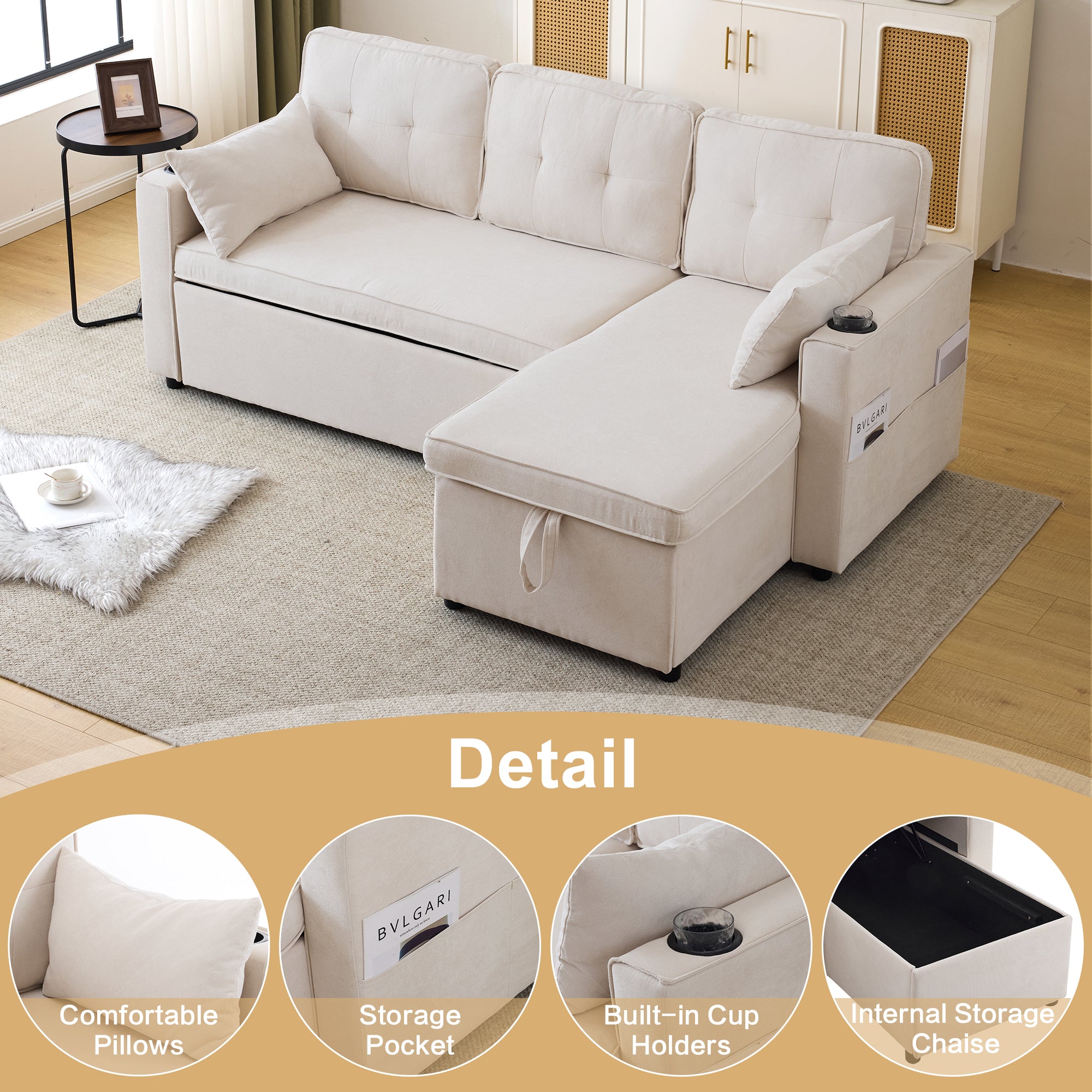 3-in-1 Convertible Sofa Bed with Internal Storage Chaise, L Shaped Sleeper Sofa Couches with Cup Holders, Pillows and Storage Pocket. Pullout Sectional Daybed for Living Room/Bedroom/Office, Beige