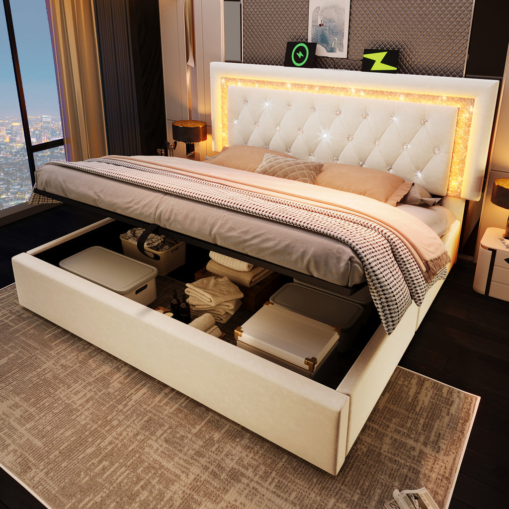 Upholstered Super King Size Bed 180 x 200 cm with LED Lighting, USB Type-C Charging, 6ft Hydraulic Storage Bed with Adjustable Diamond Tufted Headboard, Velvet, Beige (No Mattress)