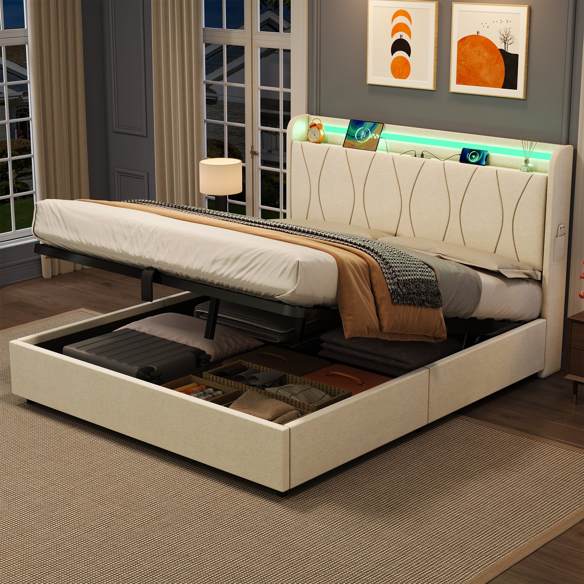 4ft6 Double Upholstered Bed Frame with Hydraulic Storage, LED Headboard with Charging Station and Concealed Headboard Storage, USB and Type - C Ports, Linen, No Box Spring Needed, Beige (No Mattress)