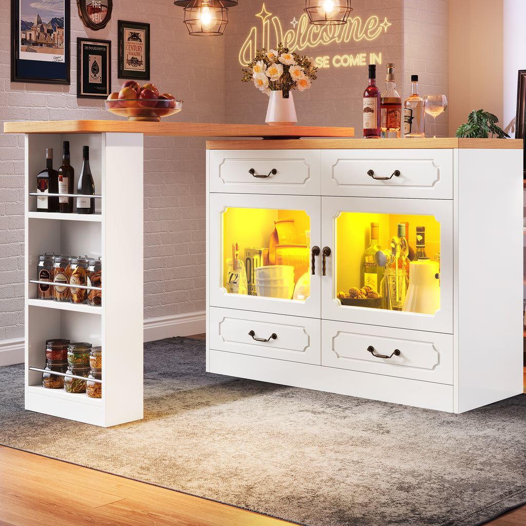 360° Rotating Kitchen Island Bar Table with App Controlled LED Lights, Buffet Sideboard with 4 Drawers & Glass Cabinet, Multifunctional Dining/Work Desk for Living Room & Kitchen