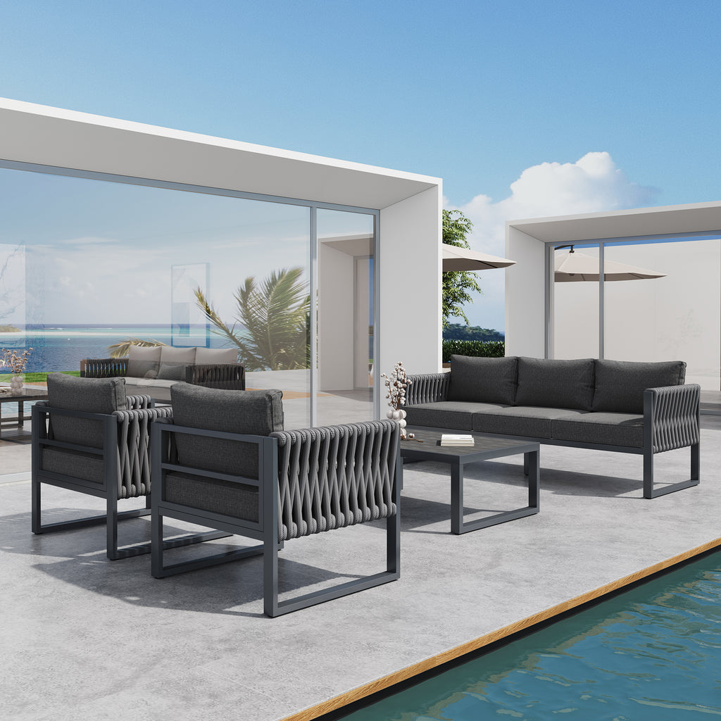 Garden Furniture Set Outdoor Sofa 5-Seater, Garden Lounge Set with Adjustable Feet, Cushions and Stainless Metal Frame for Balcony Terrace, Gray