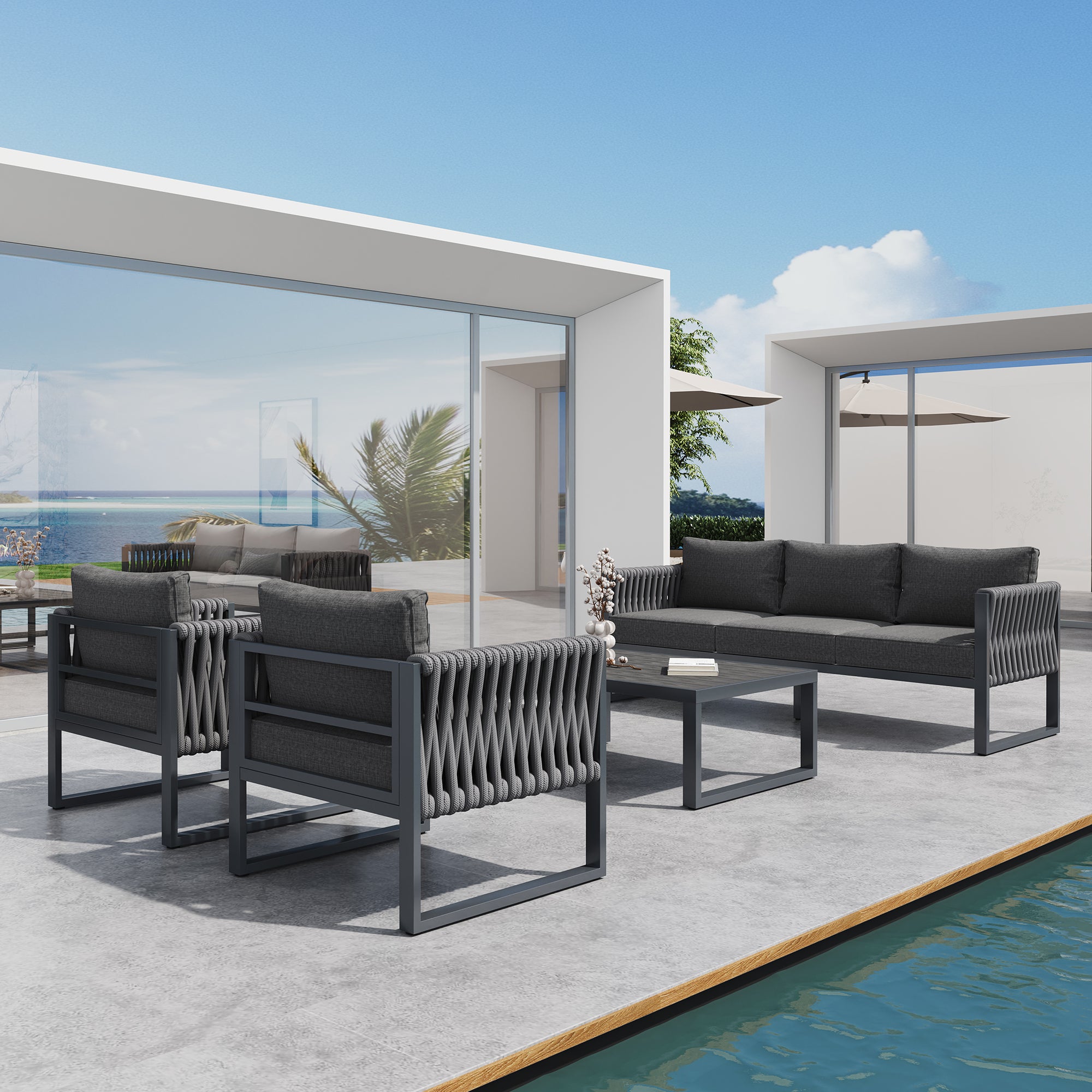 Garden Furniture Set Outdoor Sofa 5-Seater, Garden Lounge Set with Adjustable Feet, Cushions and Stainless Metal Frame for Balcony Terrace, Gray