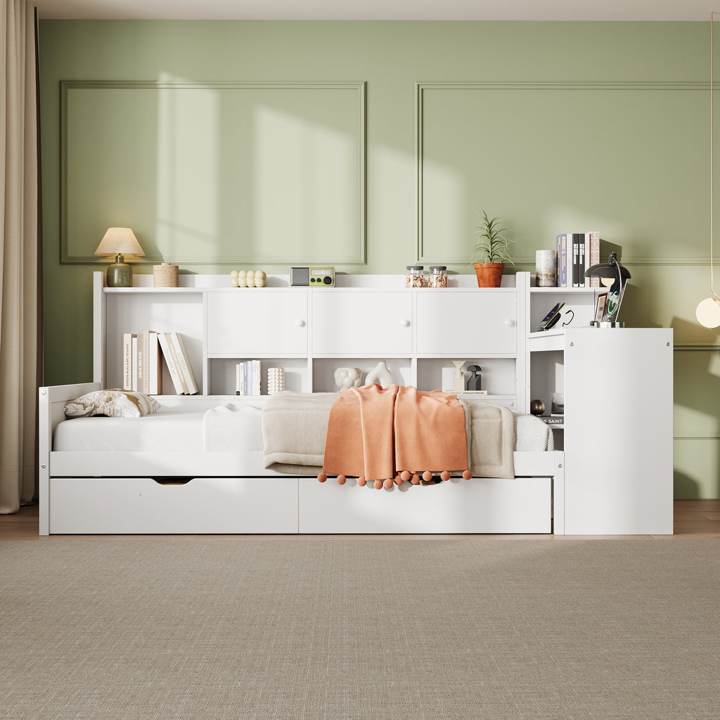 3ft Single Daybed with Storage Drawers and Bookcase, Modern Bed frame with Charging Station and Integrated Desk, Wood Bed for Living Room/ Bedroom/ Study Room, Two Assembly Methods, White(No Mattress)