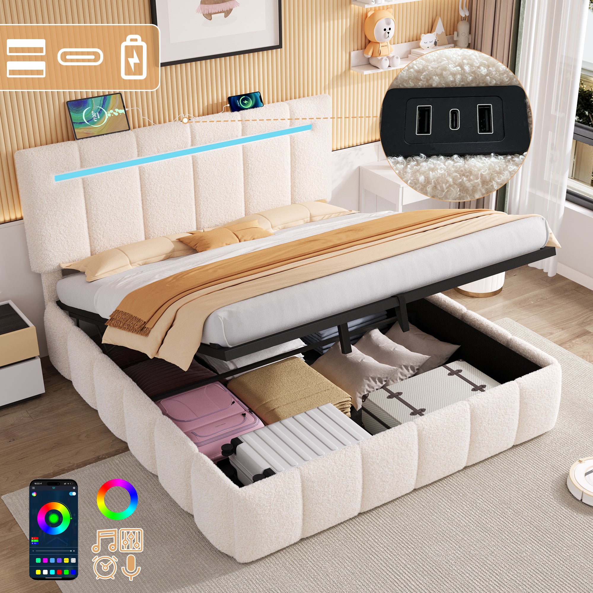 5ft King Upholstered Bed Frame with Hydraulic Storage,  LED Channel Tufted Adjustable Headboard with Charging Station, USB and Type - C Ports, Boucle Fabric, Beige (No Mattress)