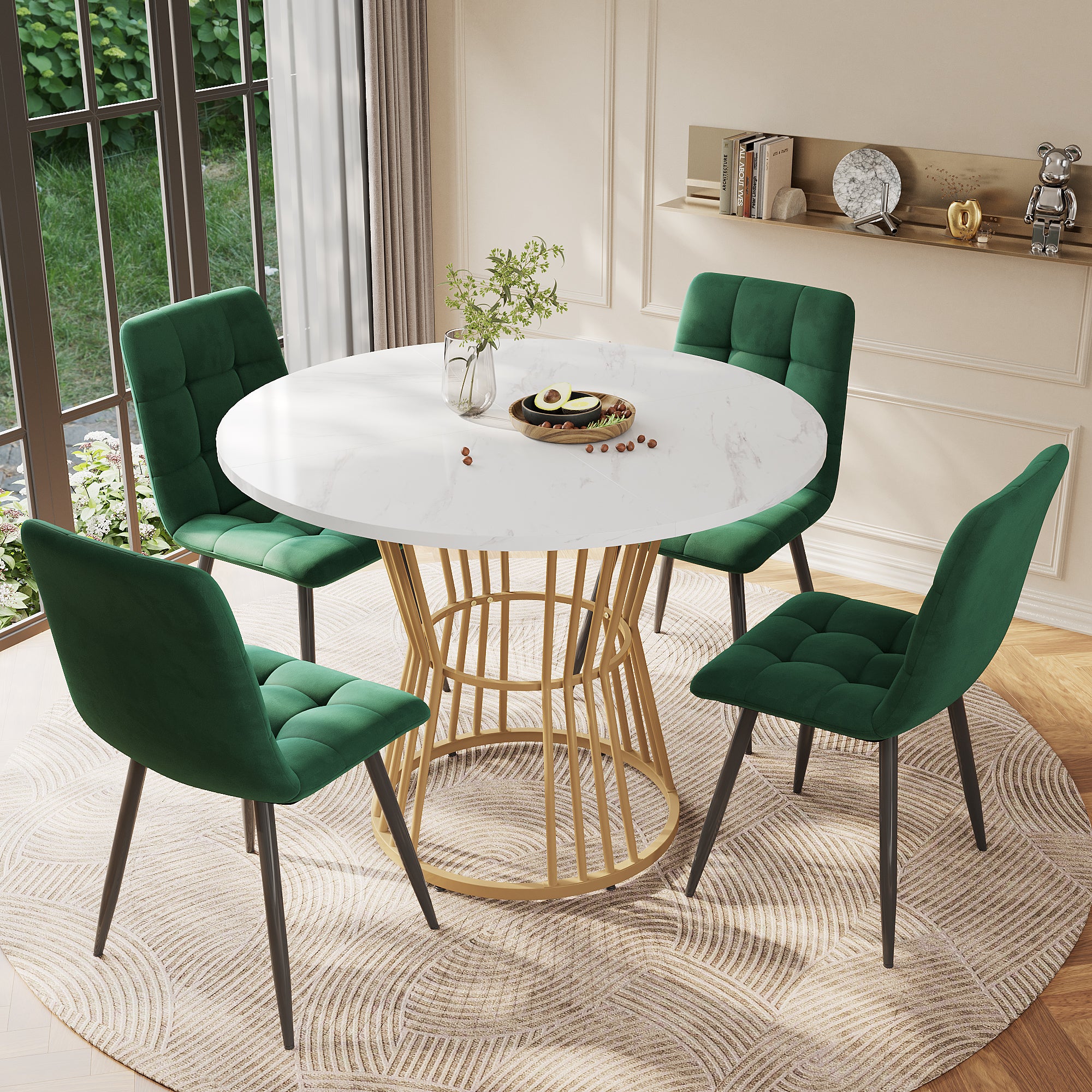 Dining table set (5-piece), dining table set with 4 chairs, kitchen table set, round dining table with 100 cm diameter and golden metal legs, white MDF table top, green velvet dining chairs
