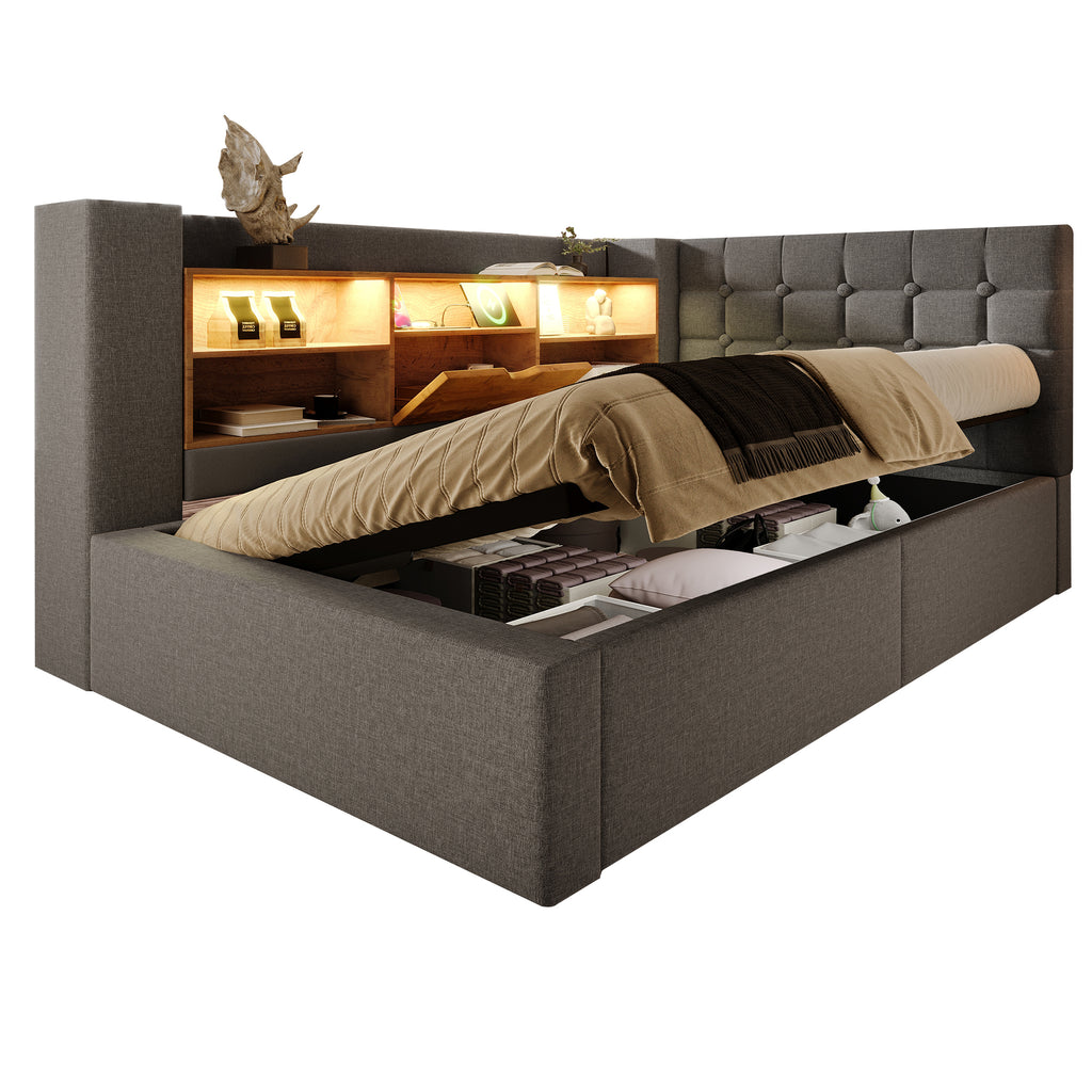 Daybed Upholstered Bed 90 x 190 cm, 3FT Single Sofa Bed with Hydraulic Storage, USB &Type-C Charging Station, Single Bed for Living Room and Bedroom, Linen, Grey (No Mattress)
