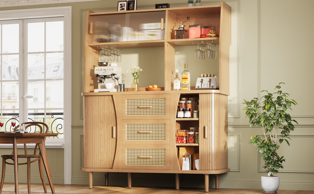 High-quality sideboard with rattan look and glass sliding doors, 174.5 cm high kitchen cabinet with storage space, natural wood/walnut look