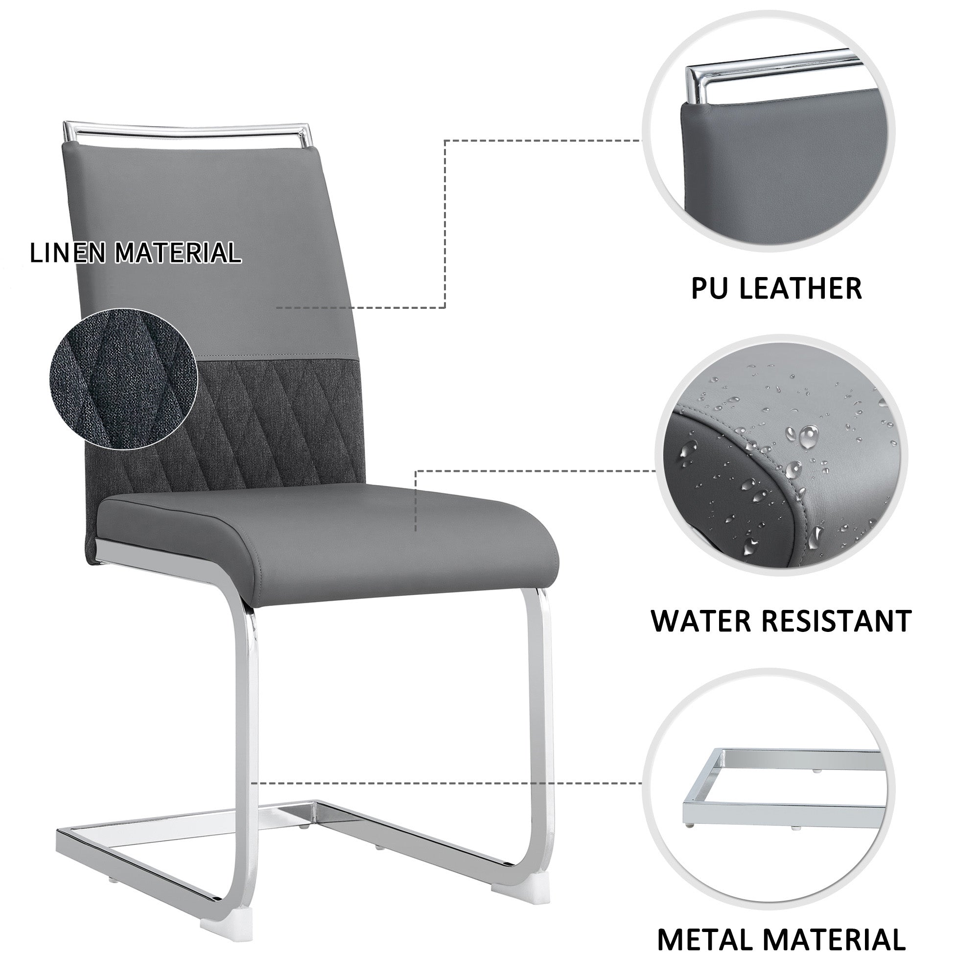 Modern dining chairs set of 2, backrest made of PU faux leather and linen, high back padded side chair, horizontal stripes backrest design for dining room, kitchen, guest office chair, gray