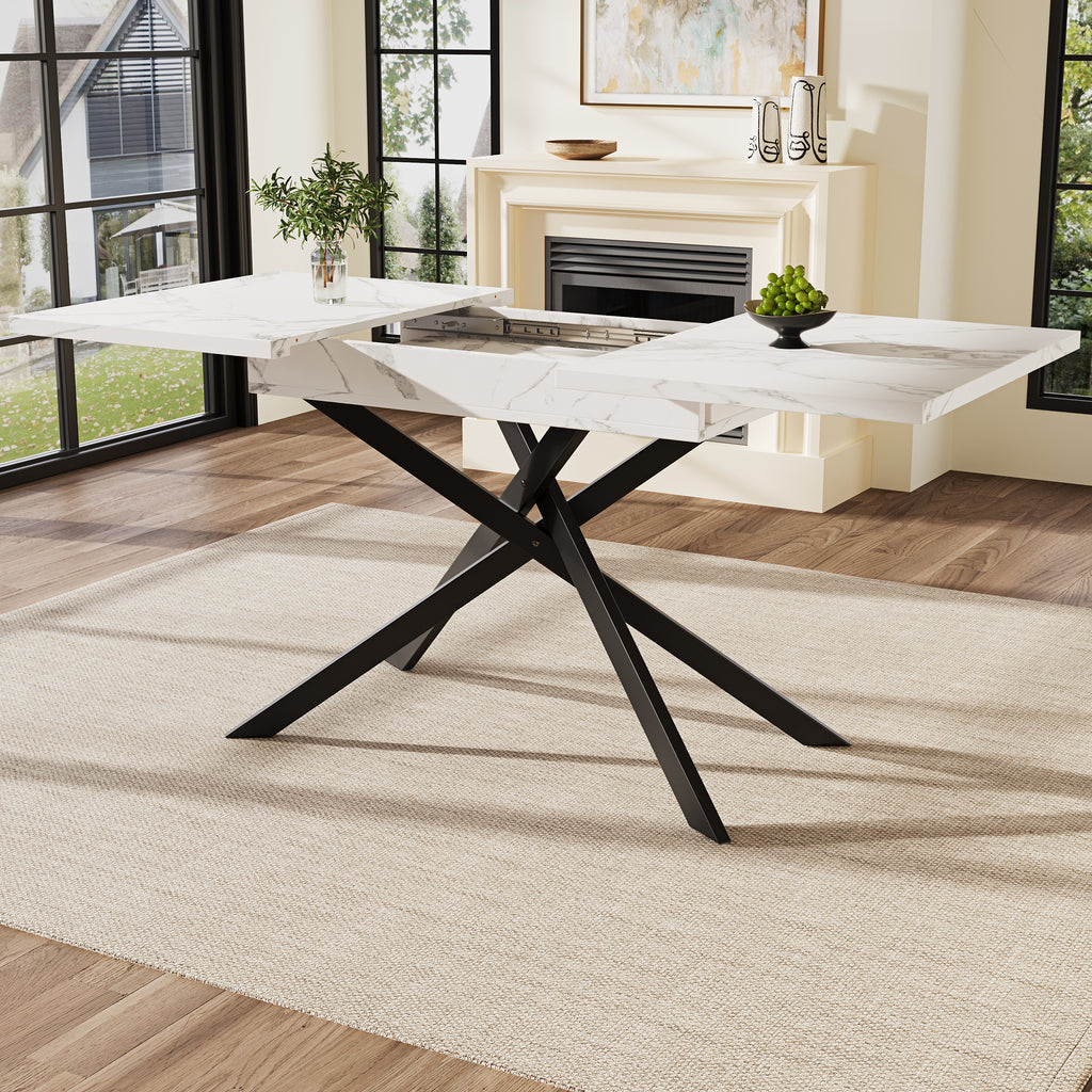 Dining table Telescopic table (120–160 cm), extendable dining table, space-saving kitchen table, black crossed iron legs, for kitchen and living room, white marbled dining table
