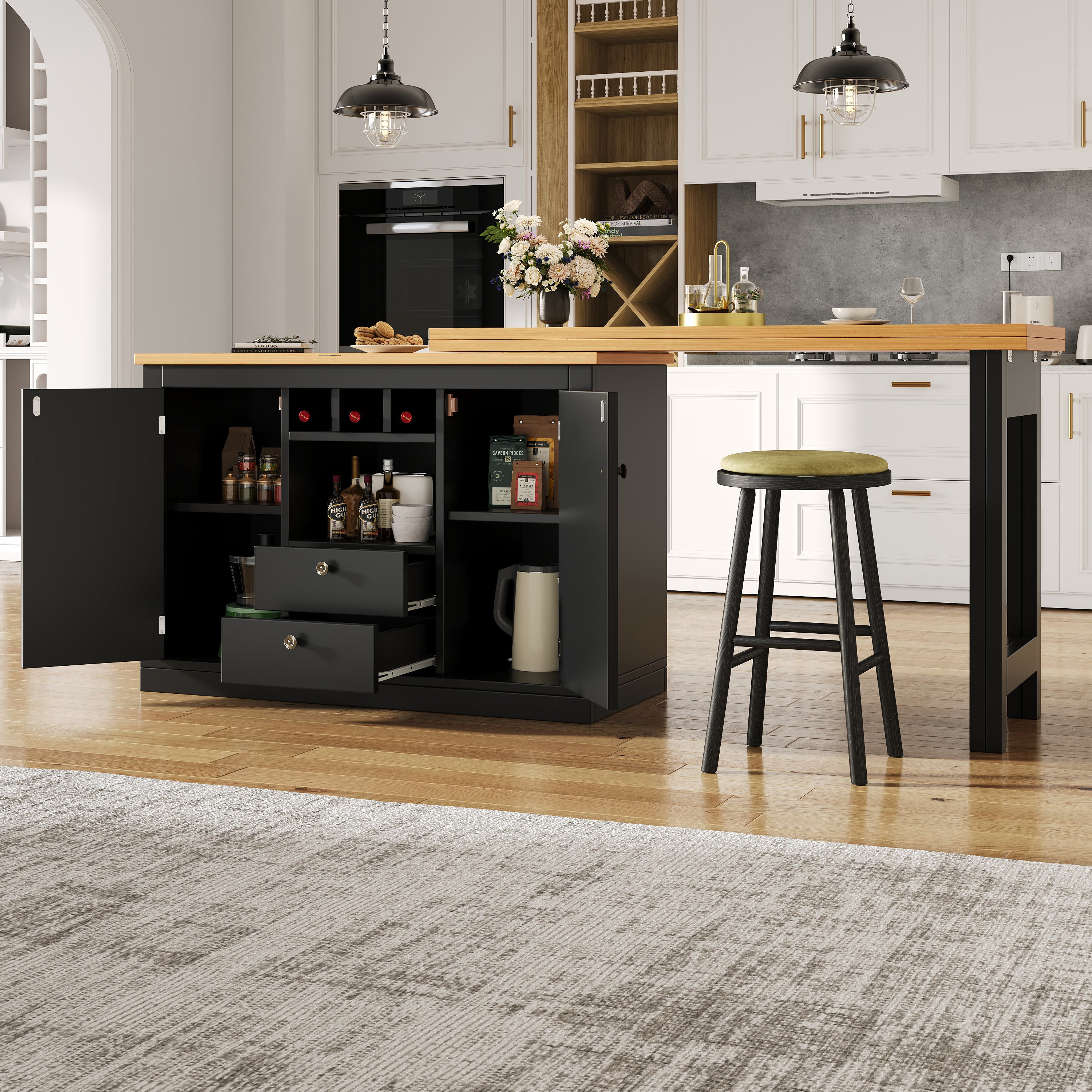360° rotation, bar table (main body 120-180 x 40 x 76 cm), coffee bar furniture, rotatable dining bar with storage, kitchen island, double doors with wine rack, adjustable shelves, open storage space