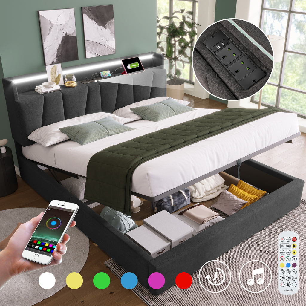 Upholstered Double Bed with USB charging function, storage headboard and LED lighting, 4ft6 Double Bed storage bed frame(135x190cm), Wooden Slatted Frame, Grey (Without Mattress)