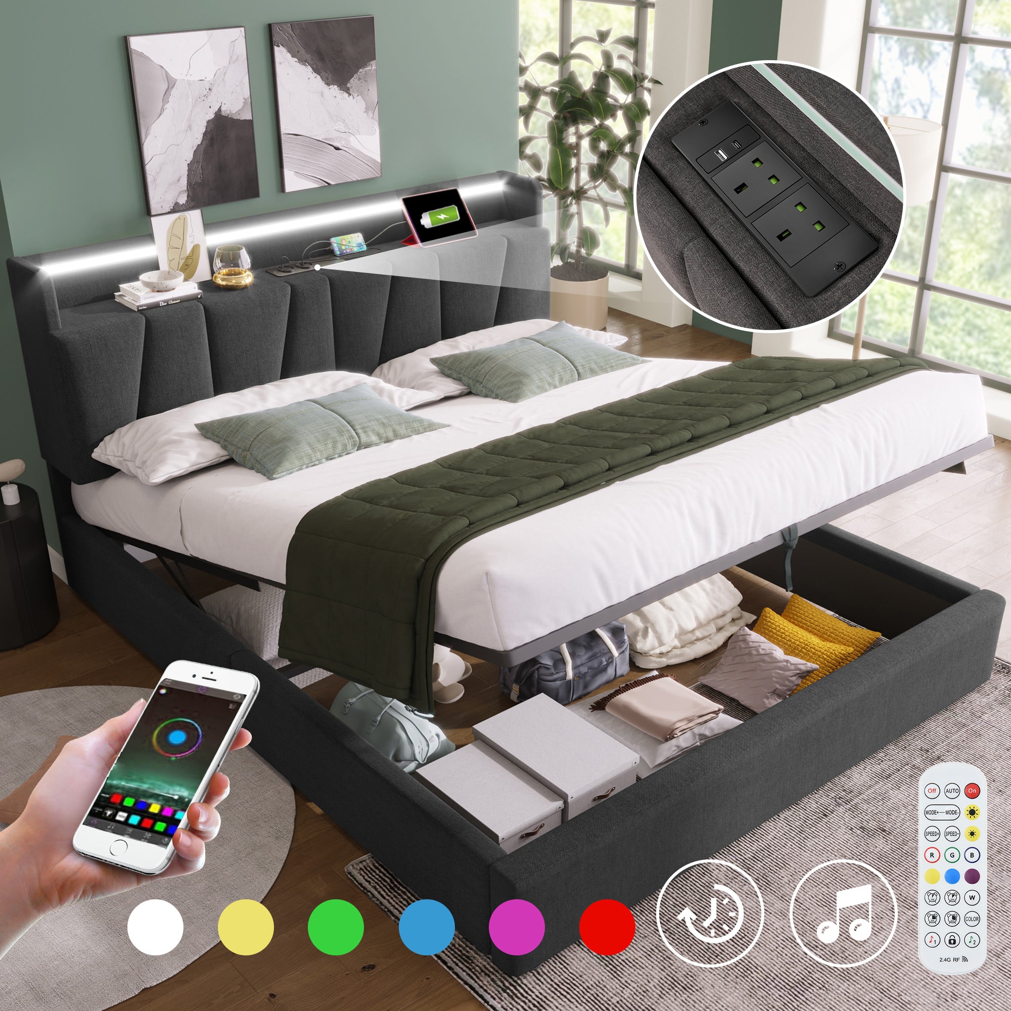 Upholstered Double Bed with USB charging function, storage headboard and LED lighting, 4ft6 Double Bed storage bed frame(135x190cm), Wooden Slatted Frame, Grey (Without Mattress)