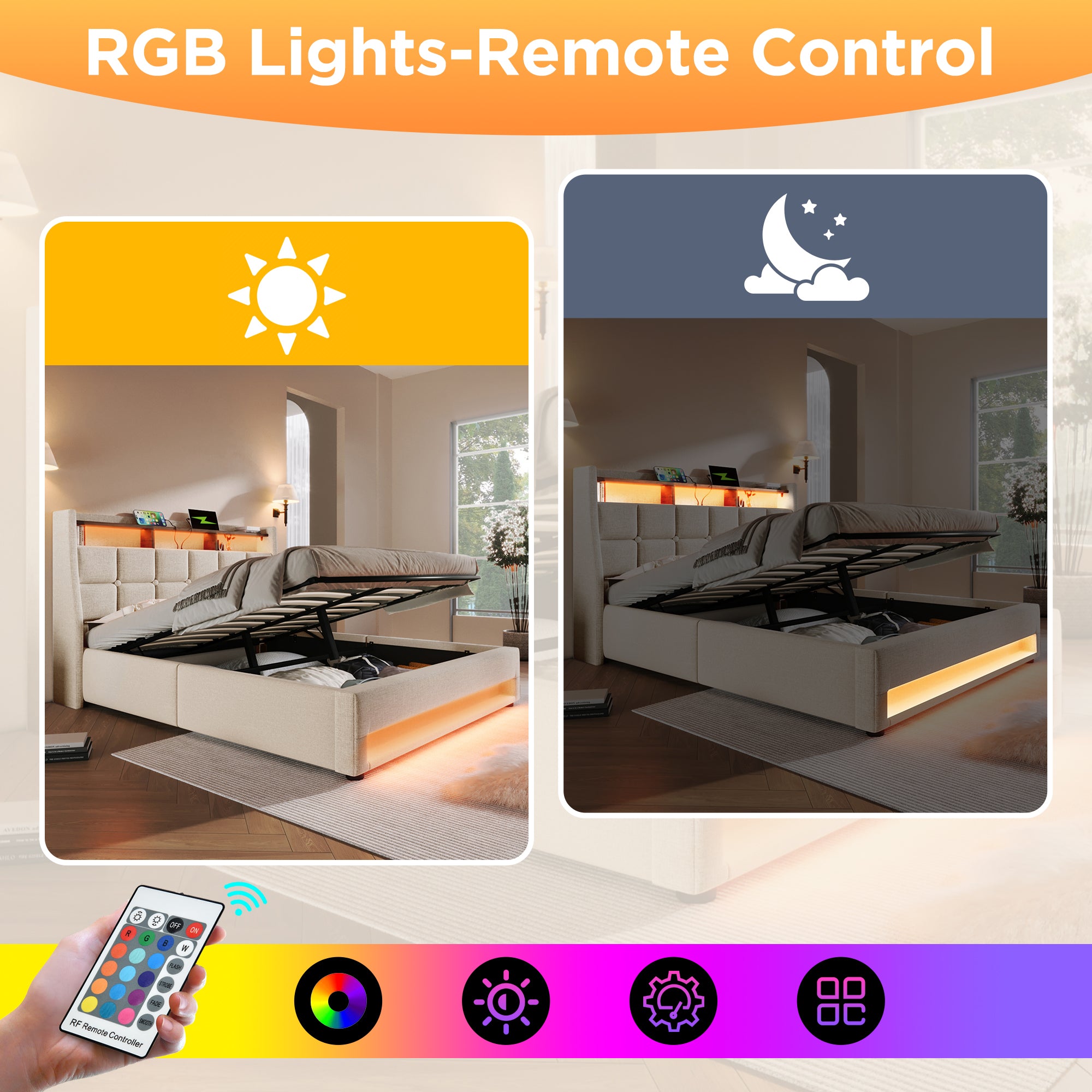 Upholstered Double Bed 135 x 190 cm with LED Lighting, USB Type-C Charging Function, Storage Headboard, 4FT6 Double Bed Storage Bed Frame with Metal Slatted Frame, Linen, Beige (No Mattress)