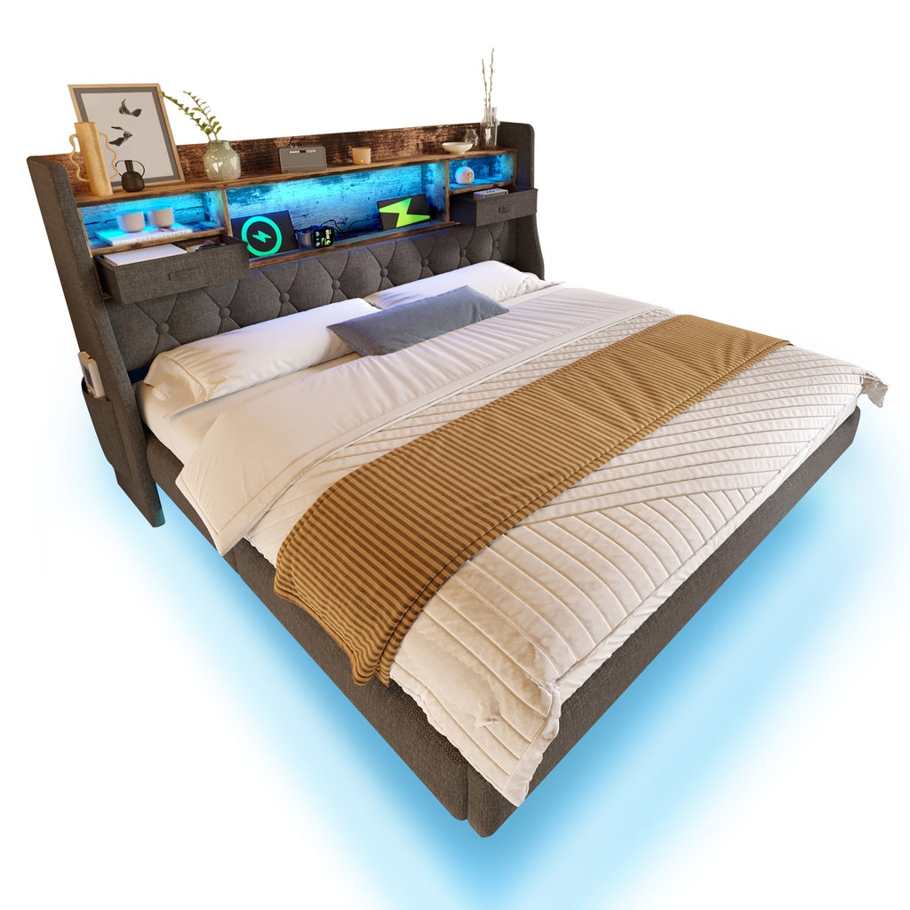 Upholstered Bed 6ft Floating Bed with LED Lighting, USB Type-C Charging, Storage Headboard for Cellphones & Tablets,  180 x 200 cm Super King Bed, Linen, Grey (No Mattress)