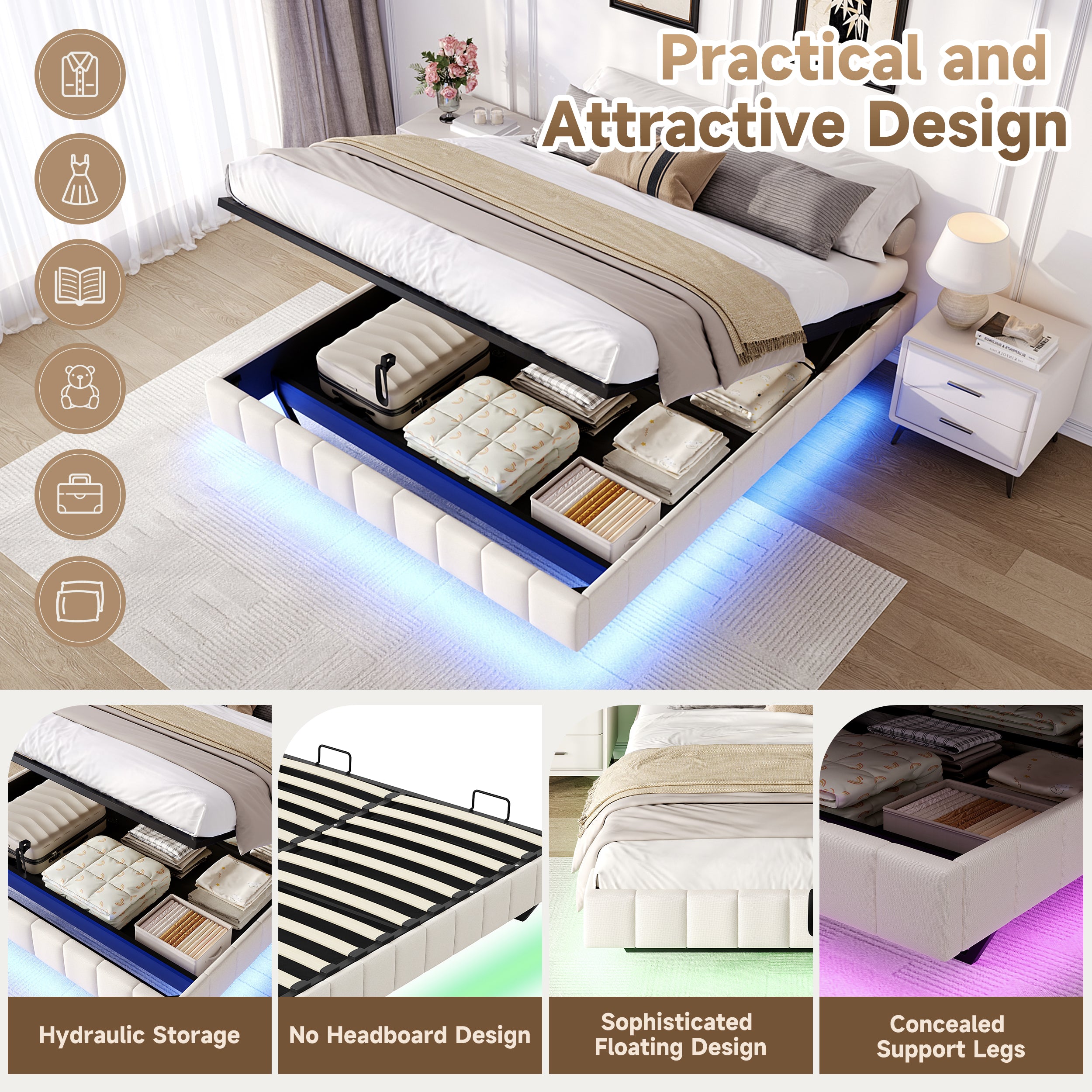4ft6 Double Floating Bed Frame with Hydraulic Under-bed Storage & Smart RGB LED Lights, No Headboard Upholstered Bed with Concealed Anti-Collision Leg, Linen Fabric, Beige (No Mattress)