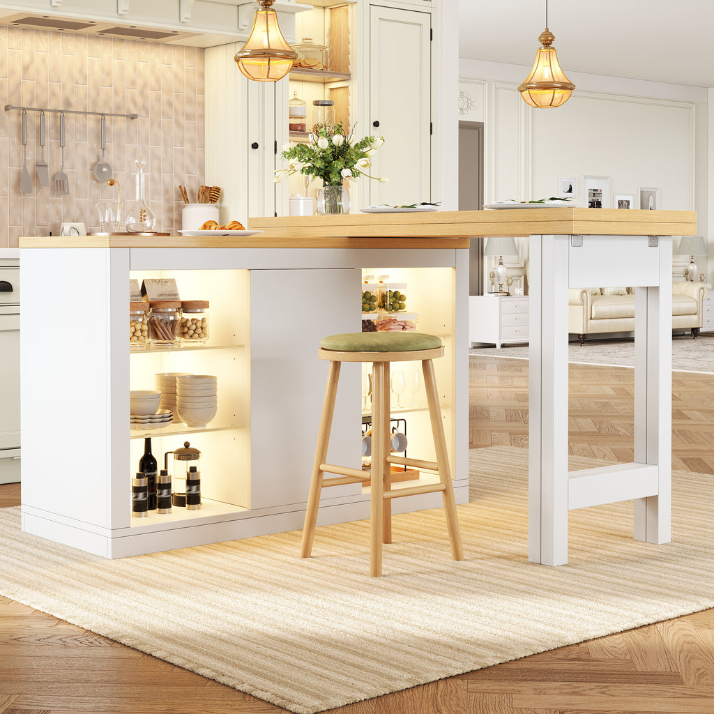 Extendable Sideboard with LED Lights, 120-197 cm Adjustable Dining Table with Storage, Kitchen cabinet with glass shelves & snack rack, White/Black
