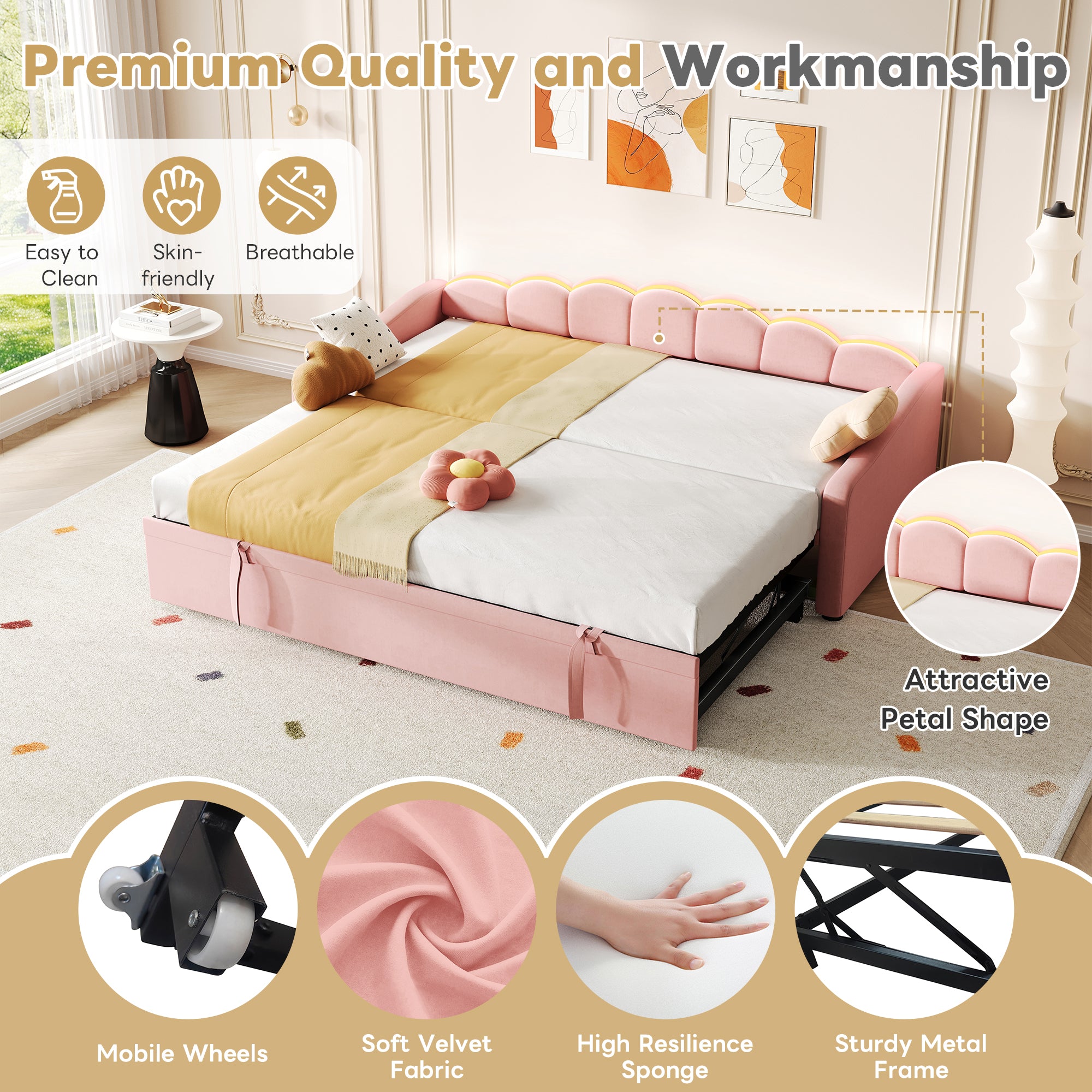 Upholstered Bed 90x190cm, Daybed, Sofa Bed with RGB LED Lighting, 3ft Petal Shape Single Bed with Trundle,Pull out Trundle Bed for Living Room/ Bedroom/ Study Room, Velvet, Pink (No Mattress)