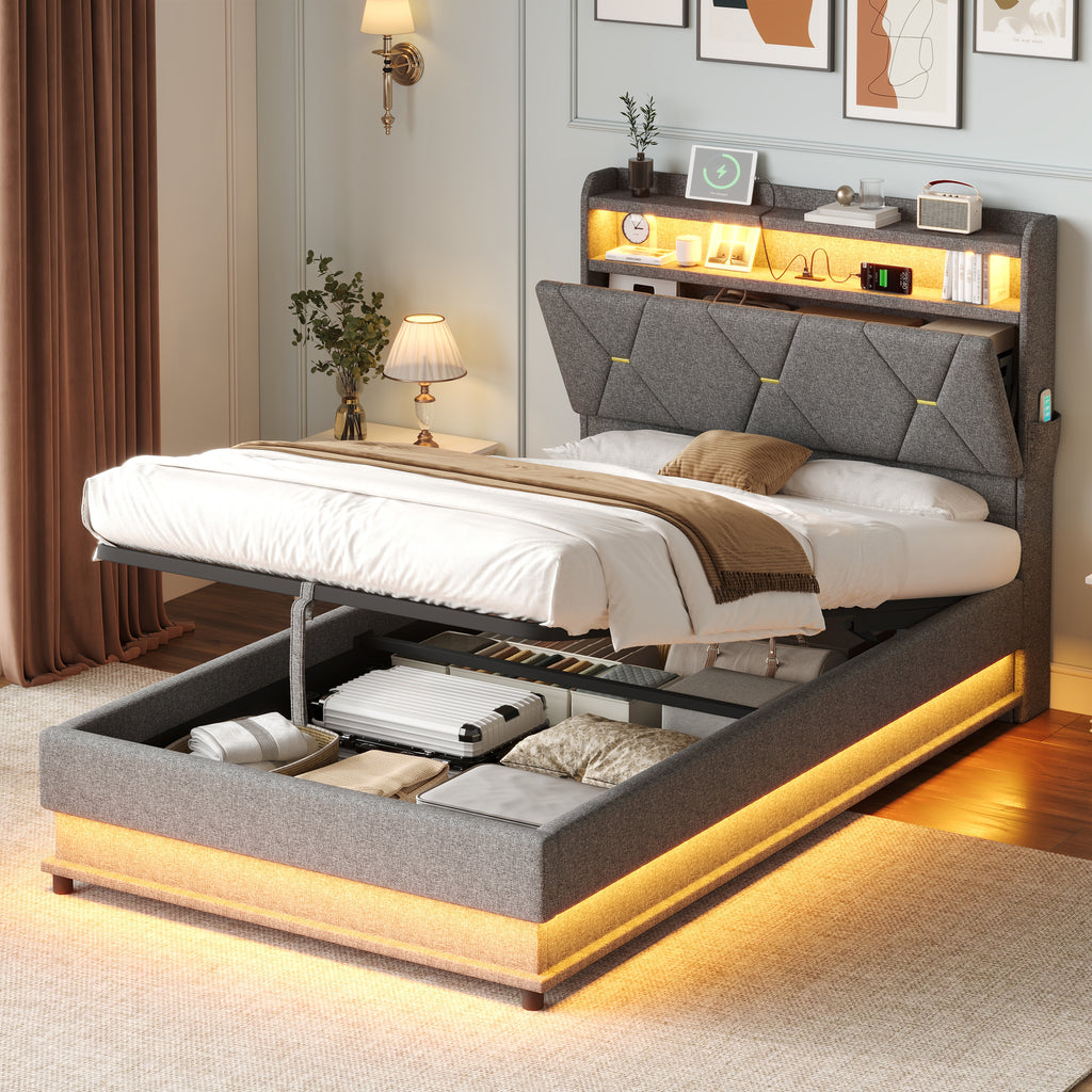 3ft Single Upholstered Bed Frame with Hydraulic Storage,  LED Headboard with Charging Station and Concealed Headboard Storage, USB and Type - C Ports, Linen, No Box Spring Needed, Grey (No Mattress)