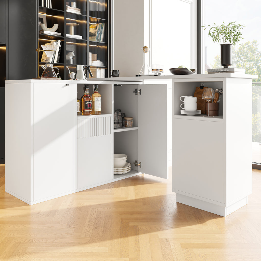 360° swivelling bar table (main body 198.5 x 30 x 75 cm), modern and sleek design, with open storage space and marble worktop, suitable for kitchen, living room and dining room, white