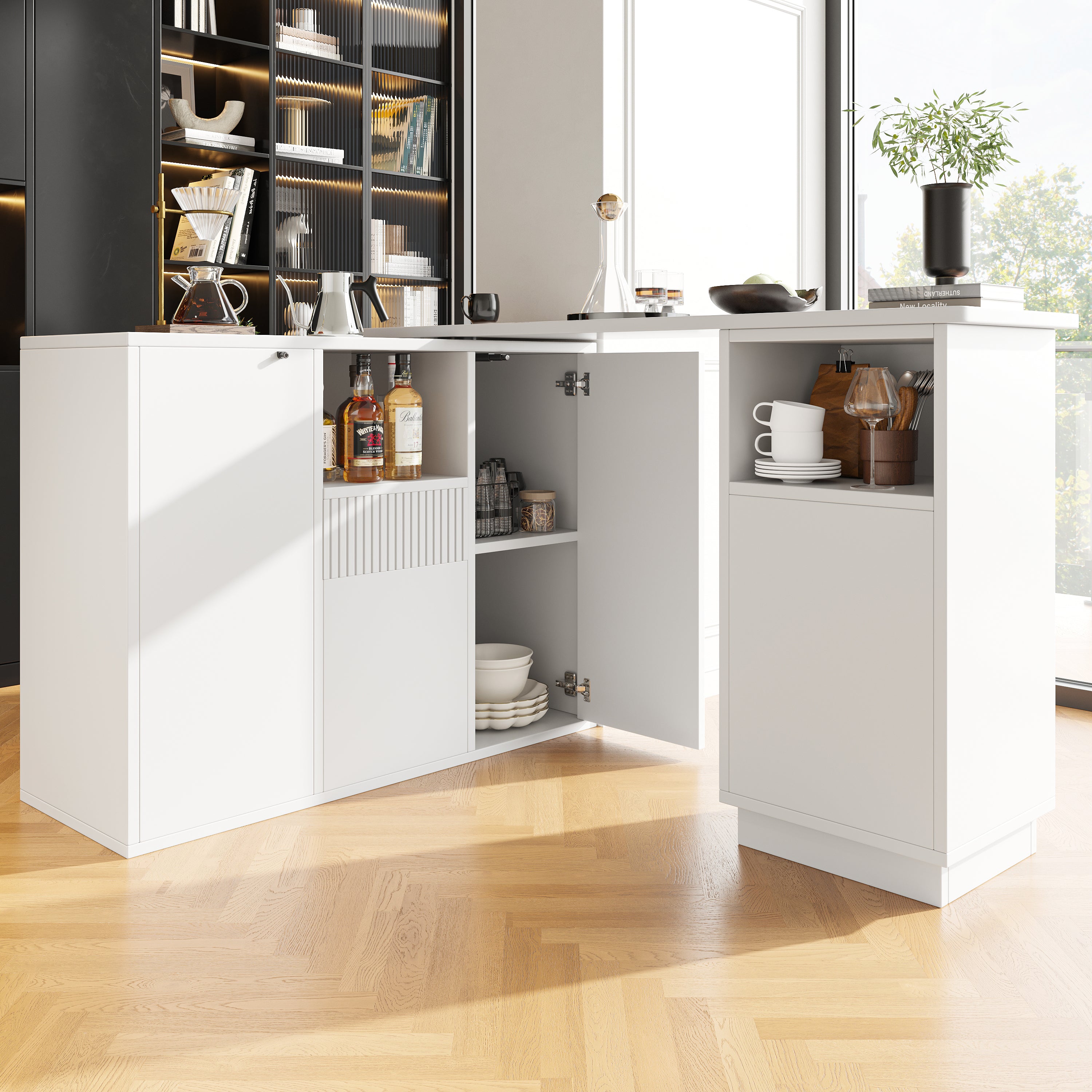 360° swivelling bar table (main body 198.5 x 30 x 75 cm), modern and sleek design, with open storage space and marble worktop, suitable for kitchen, living room and dining room, white