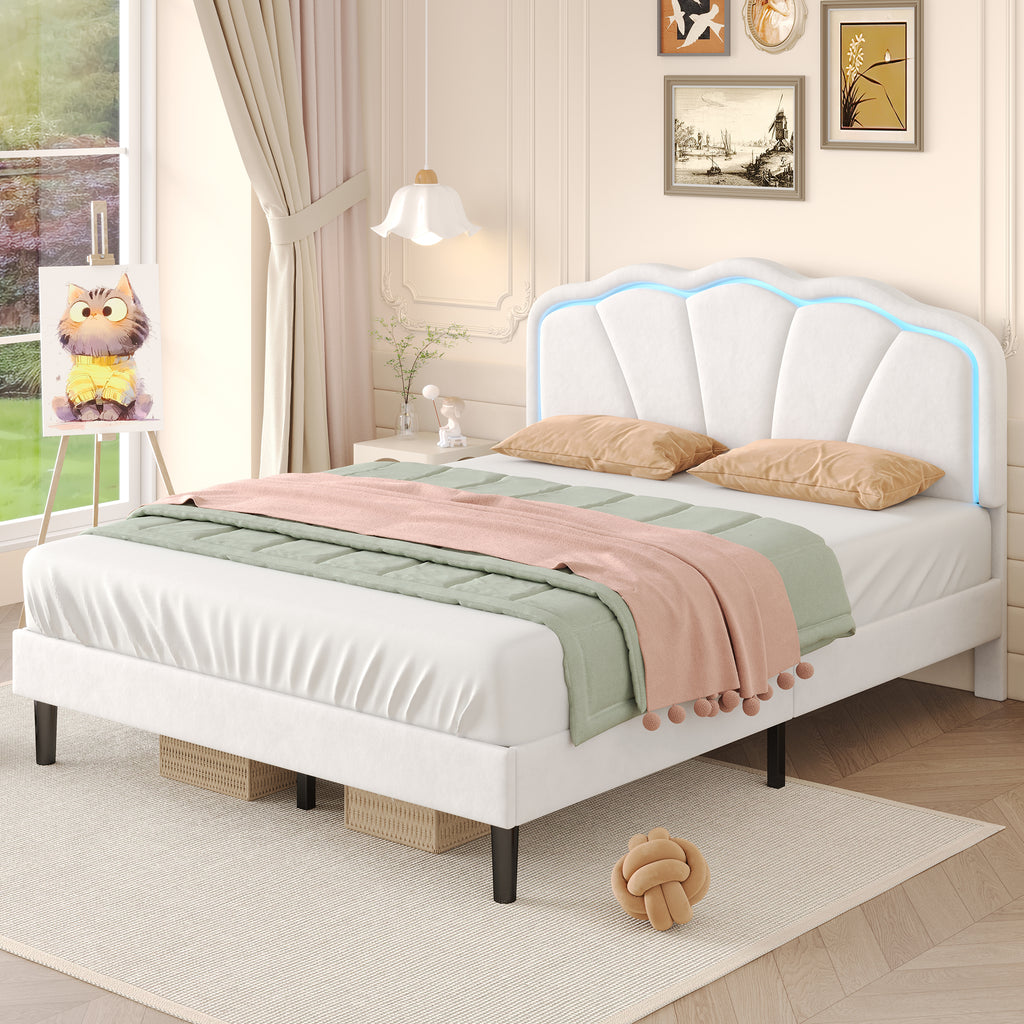 4ft6 Double Upholstered Bed with LED Adjustable Shell Shape Headboard, Soft Velvet Bed Frame with Solid Wood Slat, No Box Spring Needed, Easy Assembly, Cream White (No Mattress)