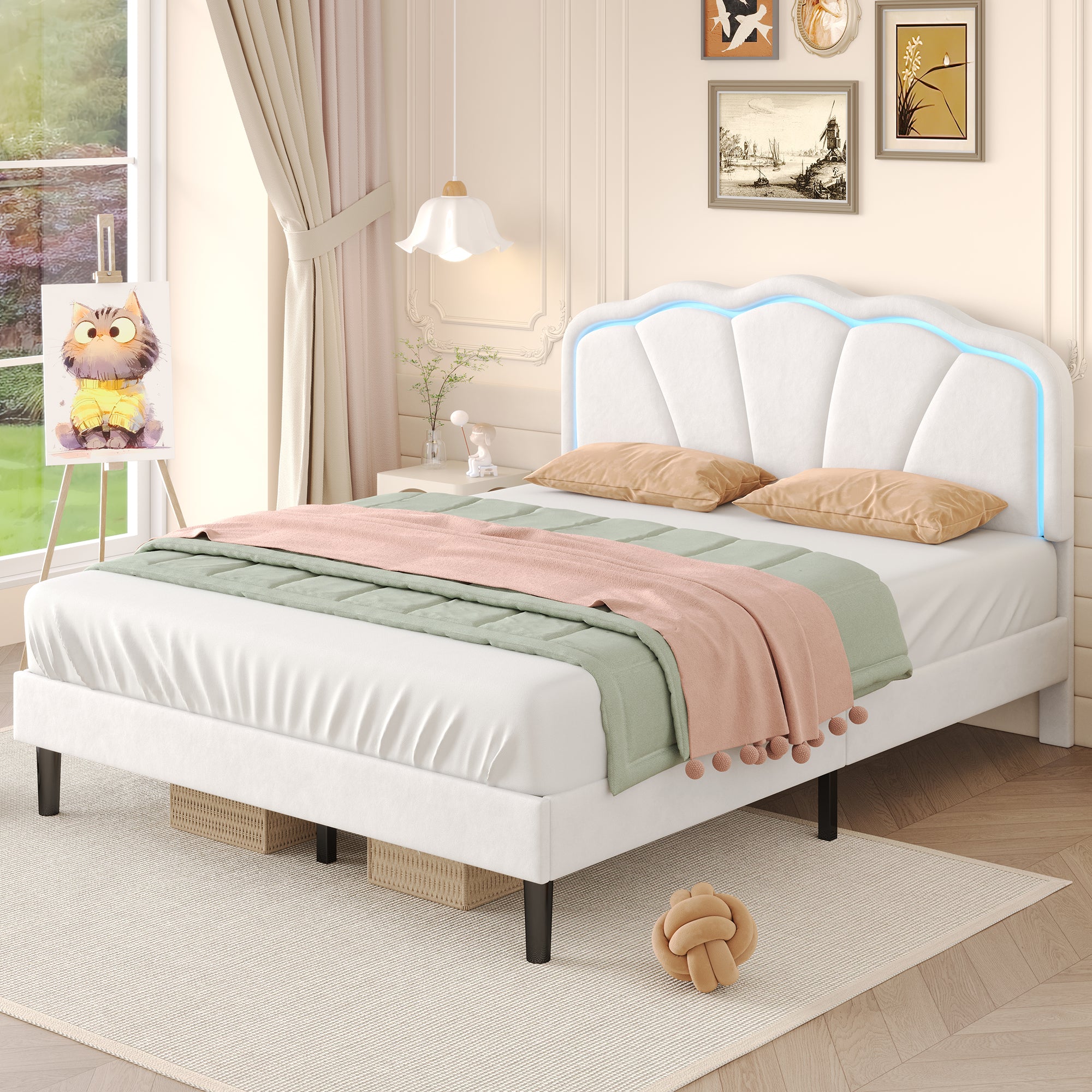 4ft6 Double Upholstered Bed with LED Adjustable Shell Shape Headboard, Soft Velvet Bed Frame with Solid Wood Slat, No Box Spring Needed, Easy Assembly, Cream White (No Mattress)
