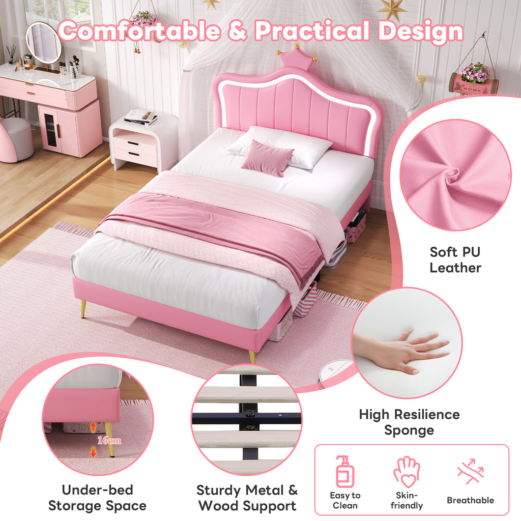 3ft Single Upholstered Bed with LED Adjustable Crown Shape Headboard, PU Leather Bed Frame with Solid Wood Slat, No Box Spring Needed, Easy Assembly, Pink (No Mattress)