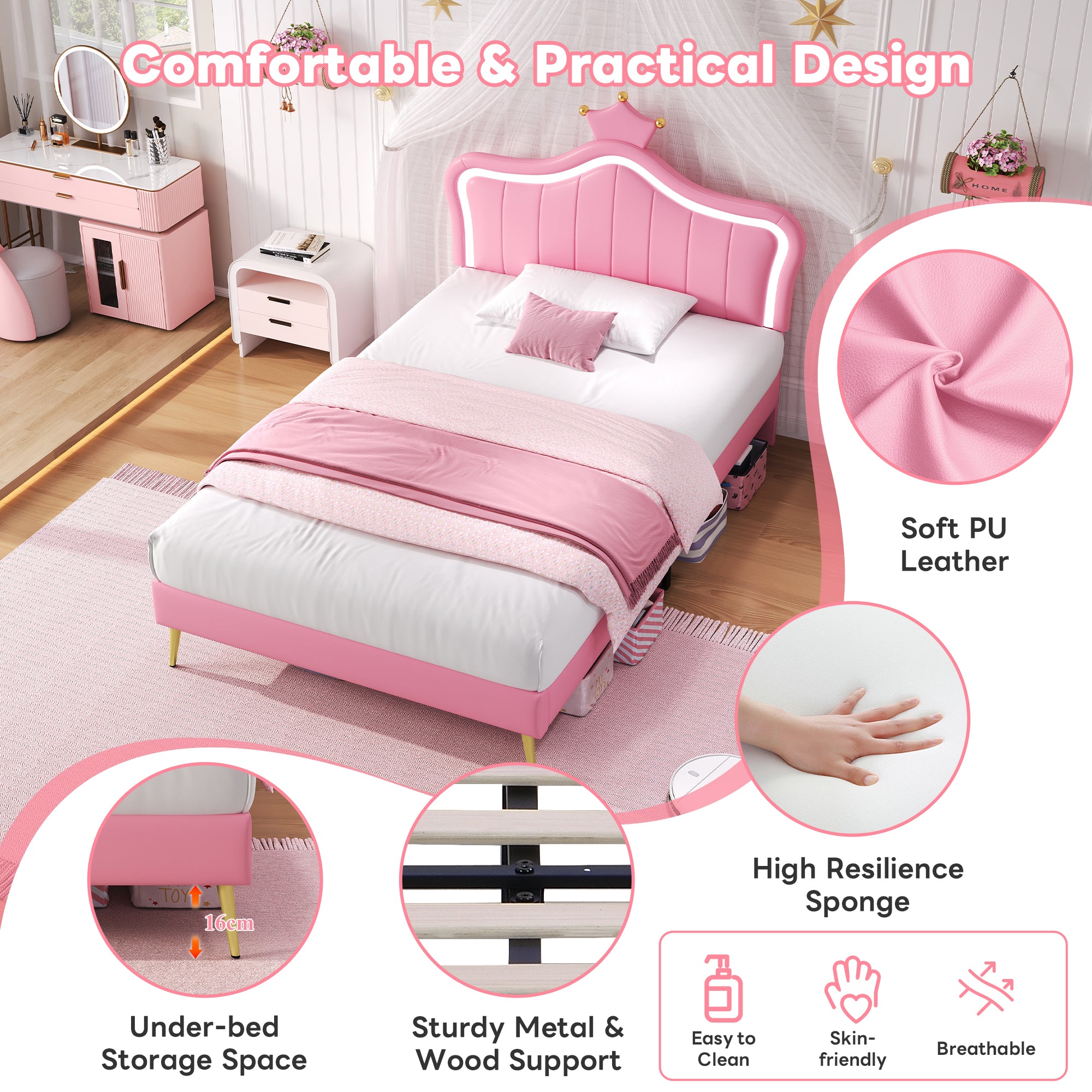 3ft Single Upholstered Bed with LED Adjustable Crown Shape Headboard, PU Leather Bed Frame with Solid Wood Slat, No Box Spring Needed, Easy Assembly, Pink (No Mattress)
