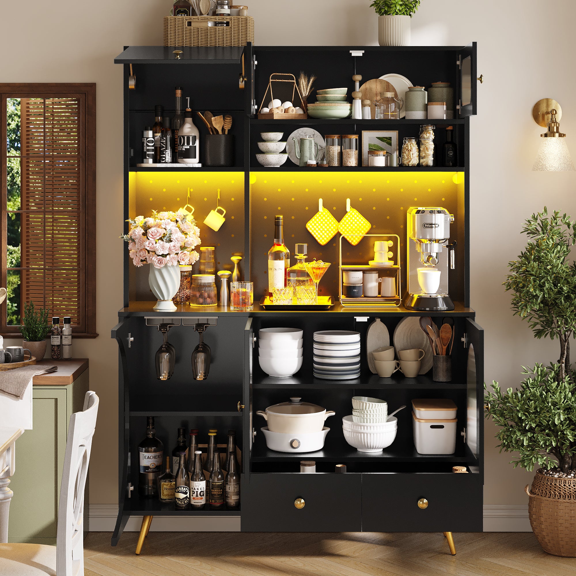 Tall Kitchen Cabinet with LED Lights & USB Ports, Modern Sideboard Storage Cabinet with Power Outlets, Perforated Wall, Drawer & Glass Shelves, for Kitchen & Living Room, 120x40x176 cm, Black