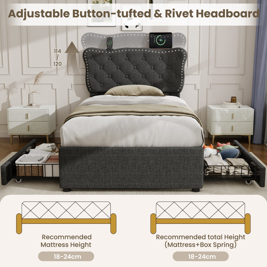 3ft Single Upholstered Bed with Rivet Design and Charging Station, Two Storage Drawers, Adjustable Button Tufted Headboard with USB & Type-C Ports, No Box Spring Needed, Linen, Grey (No Mattress)
