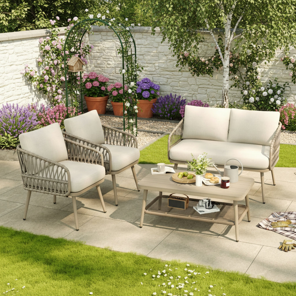 4 Seater Garden Set with Plastic Wood Storage Coffee Table, Polyester Rope Outdoor Set with Sofa and Armchairs, Weatherproof Outdoor Patio Sofa for Balcony and Terrace, Linen, Beige