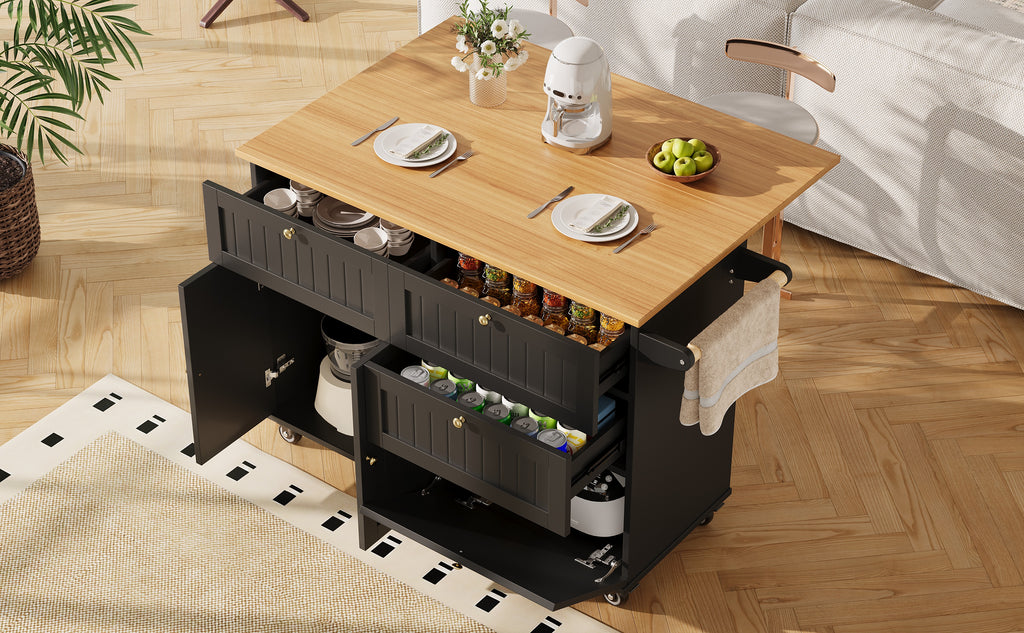 Rolling Mobile Kitchen Island, Table on Wheels with Drawer and Storage Cabinet, Portable Kitchen Island Cart with Drop Leaf, Breakfast Bar, Towel Rack, Black