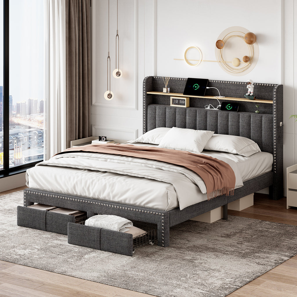 4ft6 Double Upholstered Bed with 2 Storage Drawers, Riveted Storage Bed with Charging and Lighting, Linen Platform Bed Frame No Box Spring Needed, Easy Assembly, Grey (No Mattress)