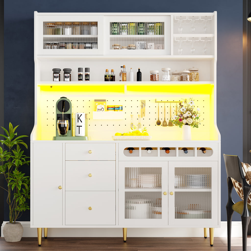 Highboard with Adjustable Shelves & LED Lights, Freestanding Storage Unit for Living Room Kitchen Dining, Tall cabinet with wine rack, Dimensions 145x39x171cm, White
