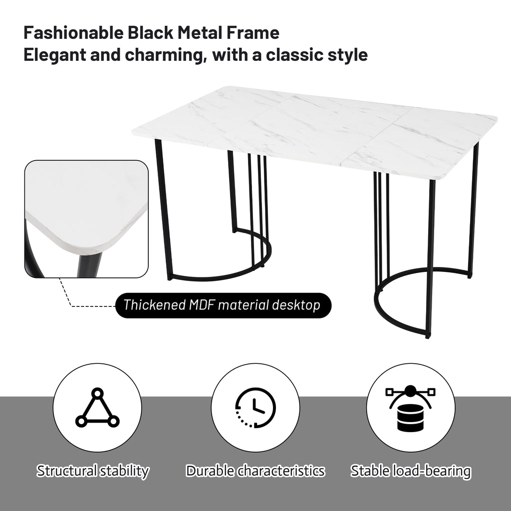 140 x 80cm Dining Table,(1-pcs), Modern Kitchen Table, Metal Frame Rectangular Dining Table in Modern Marble Pattern Kitchen Table with Adjustable Feet for Dining Room Living Room, White/Black