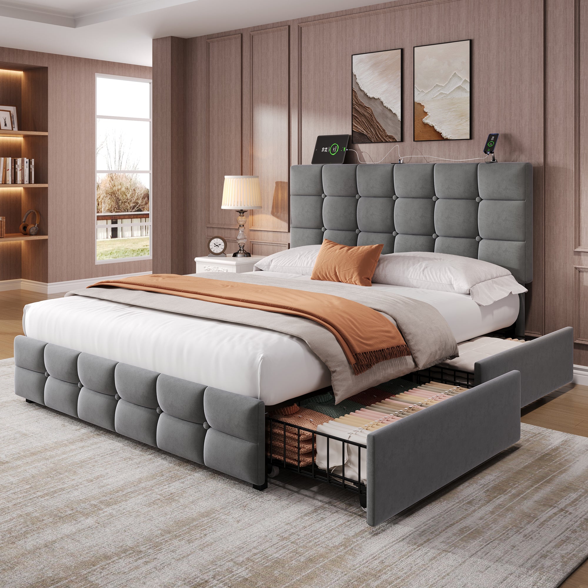 4ft6 Double Upholstered Bed with 4 Storage Drawers, Velvet Bed Frame with Charging Station. Adjustable Button Tufted Headboard with USB and Type - C Ports, No Box Spring Needed, Grey (No Mattress)