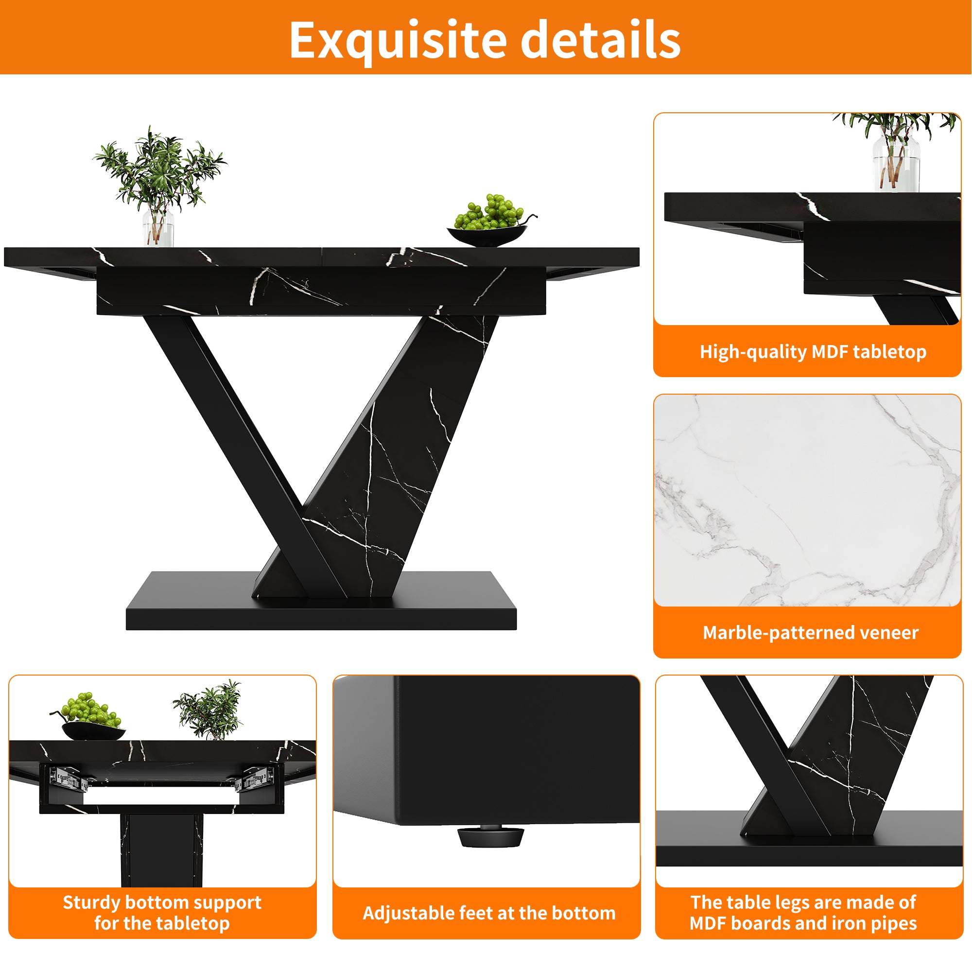 Dining table Telescopic table (120-160*75cm), extendable table, extendable to 120-160cm with the aid of internal insert panels, for kitchen and living room, dining table with black marble pattern