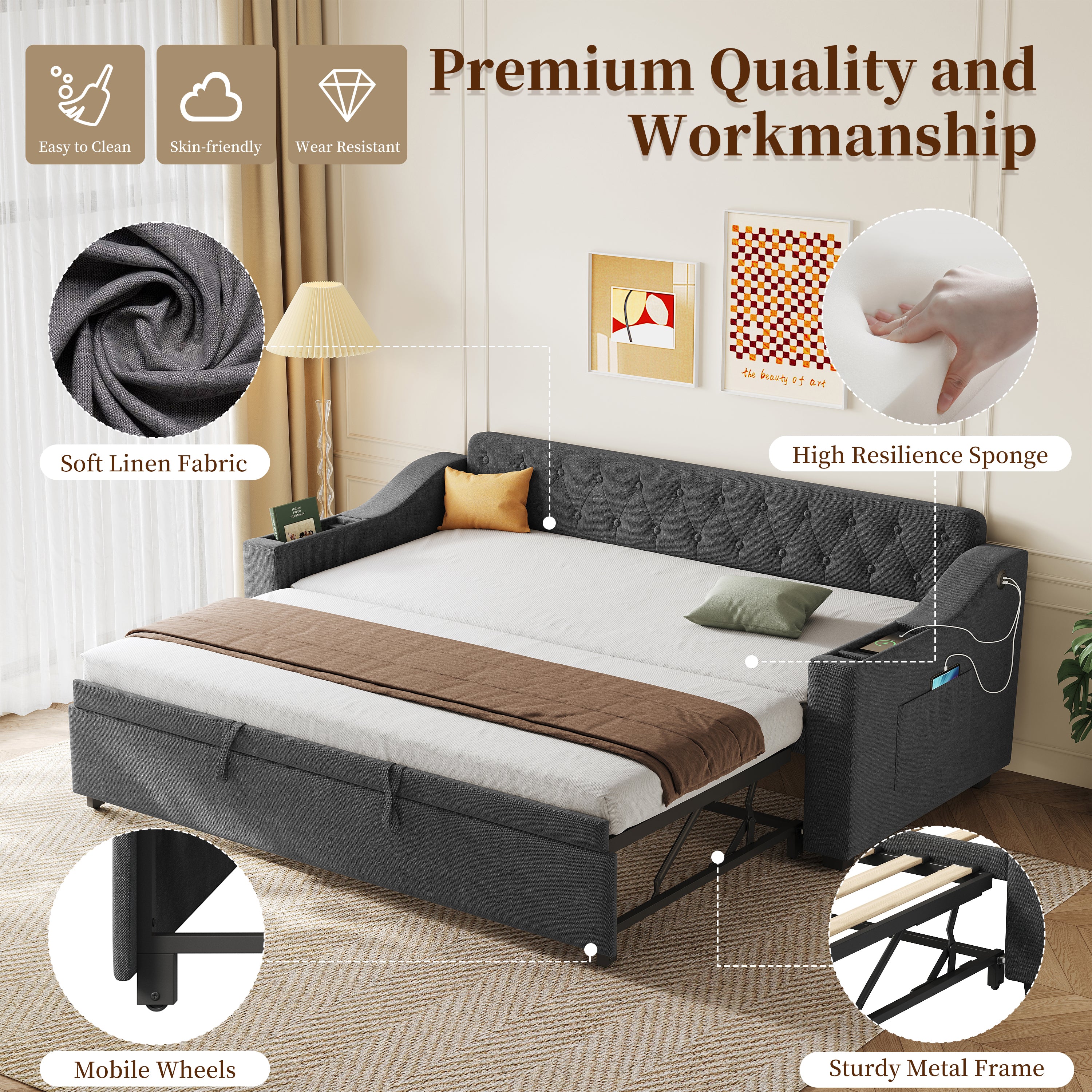 Upholstered Bed 90x190cm, Daybed, Sofa Bed with Charging Station, 3ft Single Linen Daybed with Armrest Storage. Pull out Trundle Bed for Living Room/ Bedroom/ Study Room, Grey (No Mattress)