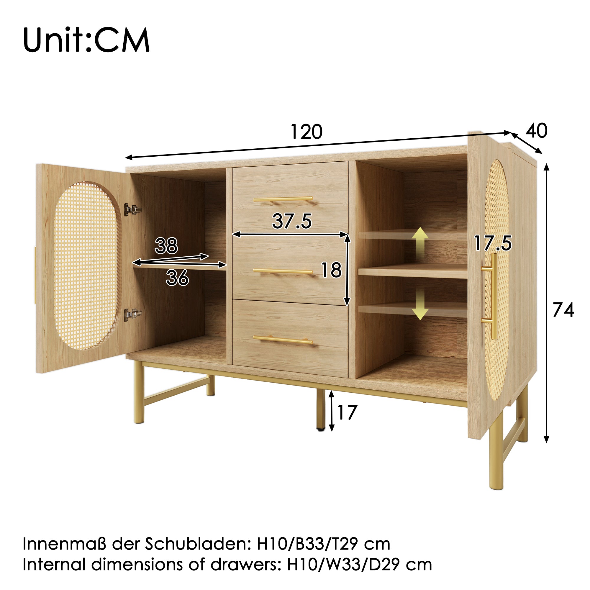 Rattan Sideboard Storage Cabinet  with 2 Doors 3 Drawers, Storage Cabinet for Living Room, Bedroom, and Hallway, Metal Handles, Adjustable Shelves, Anti-Tip, 120 x 40 x 74 cm, Oak