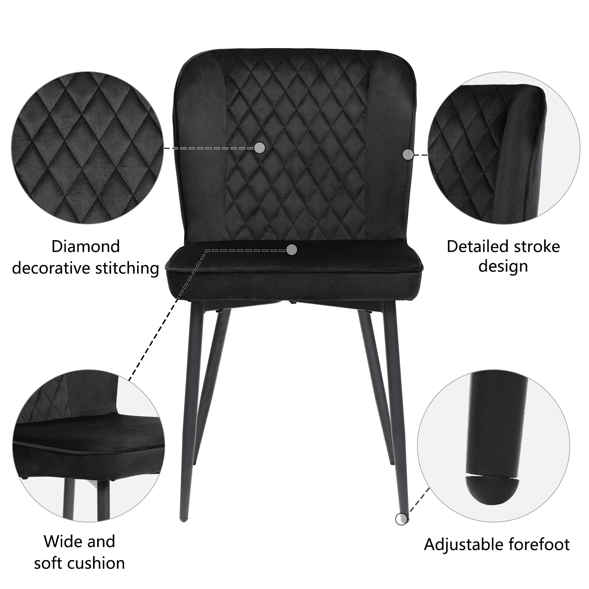 Velvet  dining chair (2 pcs), black, Modern Vanity Chair Kitchen Accent Occasional Chair with Metal Legs for Dining Room Living Room,upholstered chair  with backrest,seat in velvet metal frame